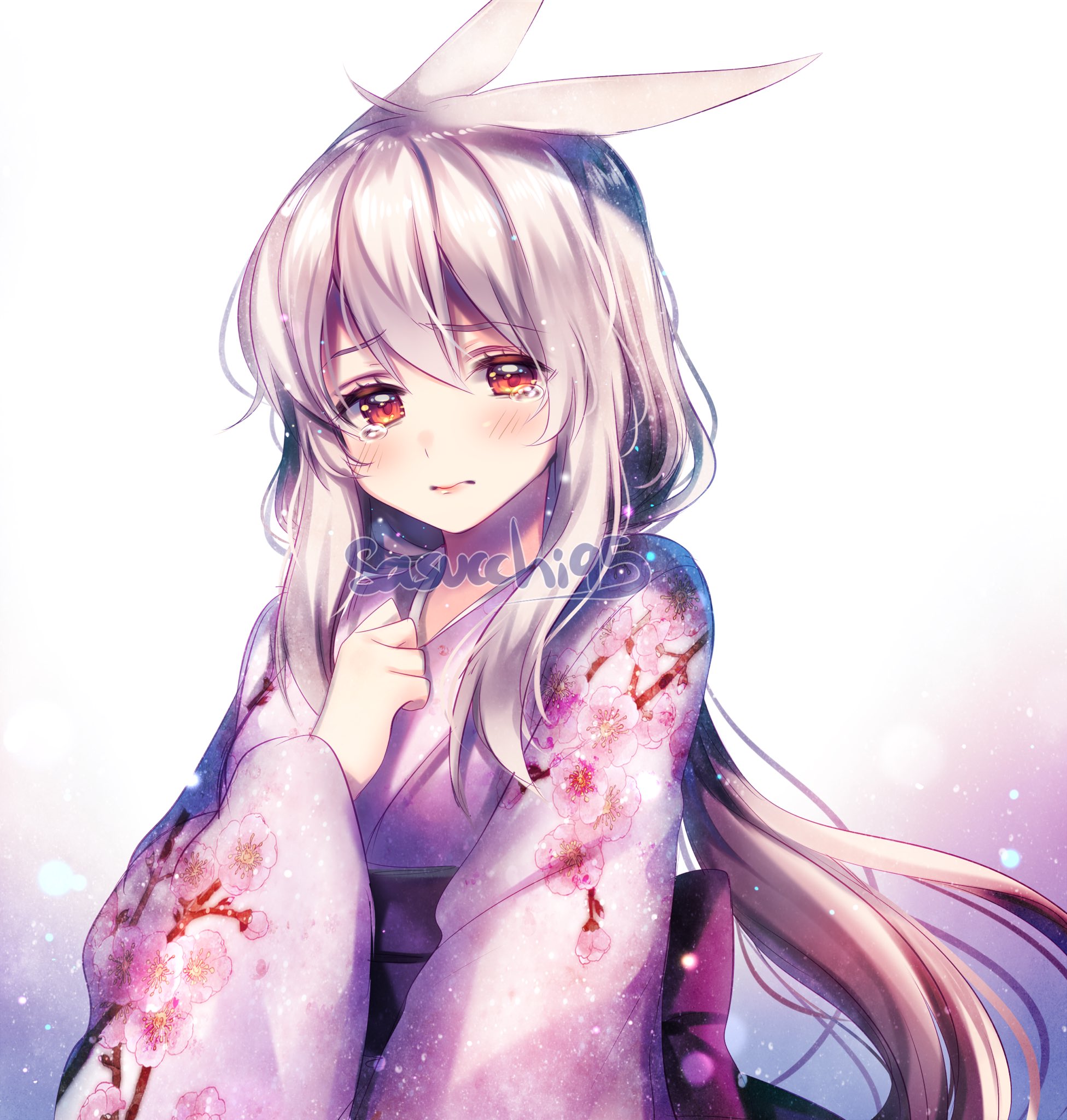 sasucchi95, original, commentary, highres, symbol-only commentary, 1girl, aki (sasucchi95), animal ears, arm at side, artist name, back bow, blush, bow, closed mouth, double-parted bangs, floral print, floral print kimono, frown, gradient background, hair between eyes, hand on own chest, hand up, japanese clothes, kimono, light particles, lips, long hair, long sleeves, looking at viewer, low ponytail, pink background, pink kimono, ponytail, print kimono, purple bow, rabbit ears, rabbit girl, raised inner eyebrows, red eyes, sad, sidelocks, simple background, solo, tearing up, upper body, very long hair, white background, white hair, wide sleeves