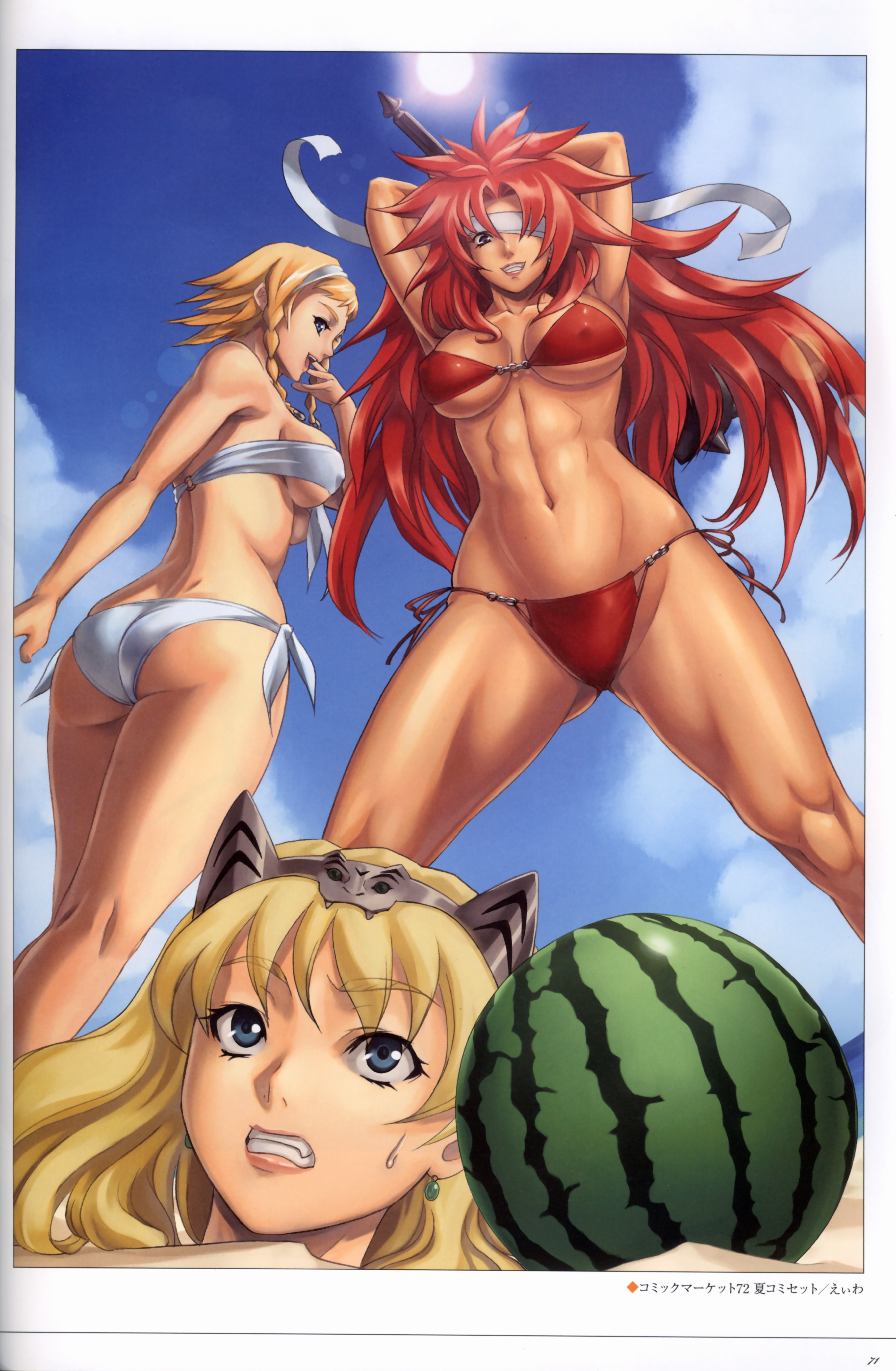 eiwa, captain of the royal guard elina, elina (queen's blade), exiled warrior leina, leina (queen's blade), risty (queen's blade), wilderness bandit risty, queen's blade, absurdres, artbook, highres, 00s, 3girls, abs, armpits, arms up, ass, bare shoulders, bikini, blonde hair, blue eyes, braid, breasts, cleavage, clenched teeth, covered erect nipples, day, earrings, female focus, food, from below, fruit, grin, hairband, headband, hip focus, jewelry, kneepits, large breasts, legs, lens flare, long hair, mace, multiple girls, muscular, navel, open mouth, outdoors, purple eyes, red bikini, red hair, sand, short hair, side-tie bikini bottom, smile, standing, sweat, swimsuit, teeth, thighs, toned, toned female, twin braids, twintails, underboob, watermelon, weapon, white bikini, worried