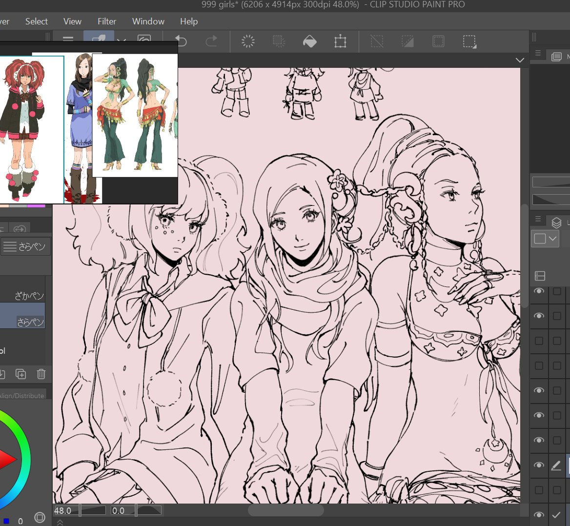 dixoterin, kurashiki akane, yashiro (kyokugen dasshutsu), yotsuba (kyokugen dasshutsu), kyokugen dasshutsu, kyokugen dasshutsu: 9 jikan 9 nin 9 no tobira, clip studio paint (medium), commentary, english commentary, art program in frame, artist name, black hair, black jacket, black scarf, boots, braid, breasts, brown background, brown boots, brown hair, chibi, chibi inset, choker, cleavage, closed mouth, clothes around waist, collared shirt, cropped legs, drawstring, dress, earmuffs, earrings, eyelashes, facial mark, flower, front-tie top, fur-trimmed boots, fur trim, green choker, green pants, hair bun, hair flower, hair ornament, hand on own chest, jacket, jewelry, kashiwabara nona, lineart, long hair, long sleeves, midriff, monochrome, multicolored hair, multicolored socks, multiple girls, navel, neck ribbon, official art inset, open clothes, open jacket, pants, pink hair, pom pom (clothes), pom pom drawstring, ponytail, purple boots, purple dress, red hair, red skirt, reference inset, ribbon, scarf, shirt, short sleeves, simple background, single side bun, sitting, skirt, socks, twin braids, twintails, two-tone hair, white shirt