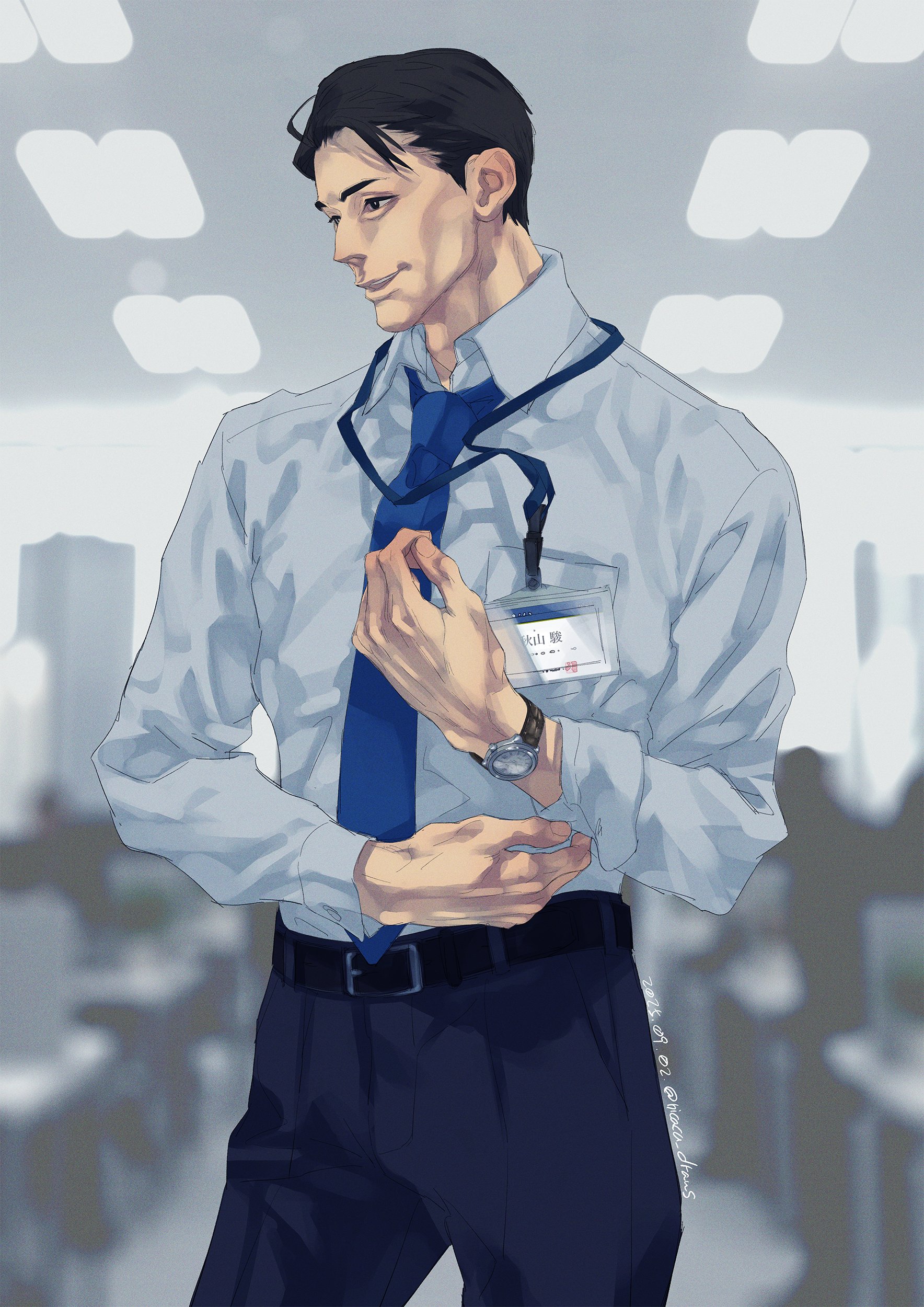 akiyama shun, ryuu ga gotoku (series), ryuu ga gotoku 4, absurdres, commentary request, highres, 1boy, alternate hair length, alternate hairstyle, black eyes, black hair, blue necktie, dress shirt, id card, lanyard, necktie, nicacu, office, official alternate costume, official alternate hairstyle, shirt, short hair, solo, suit pants, watch, wristwatch