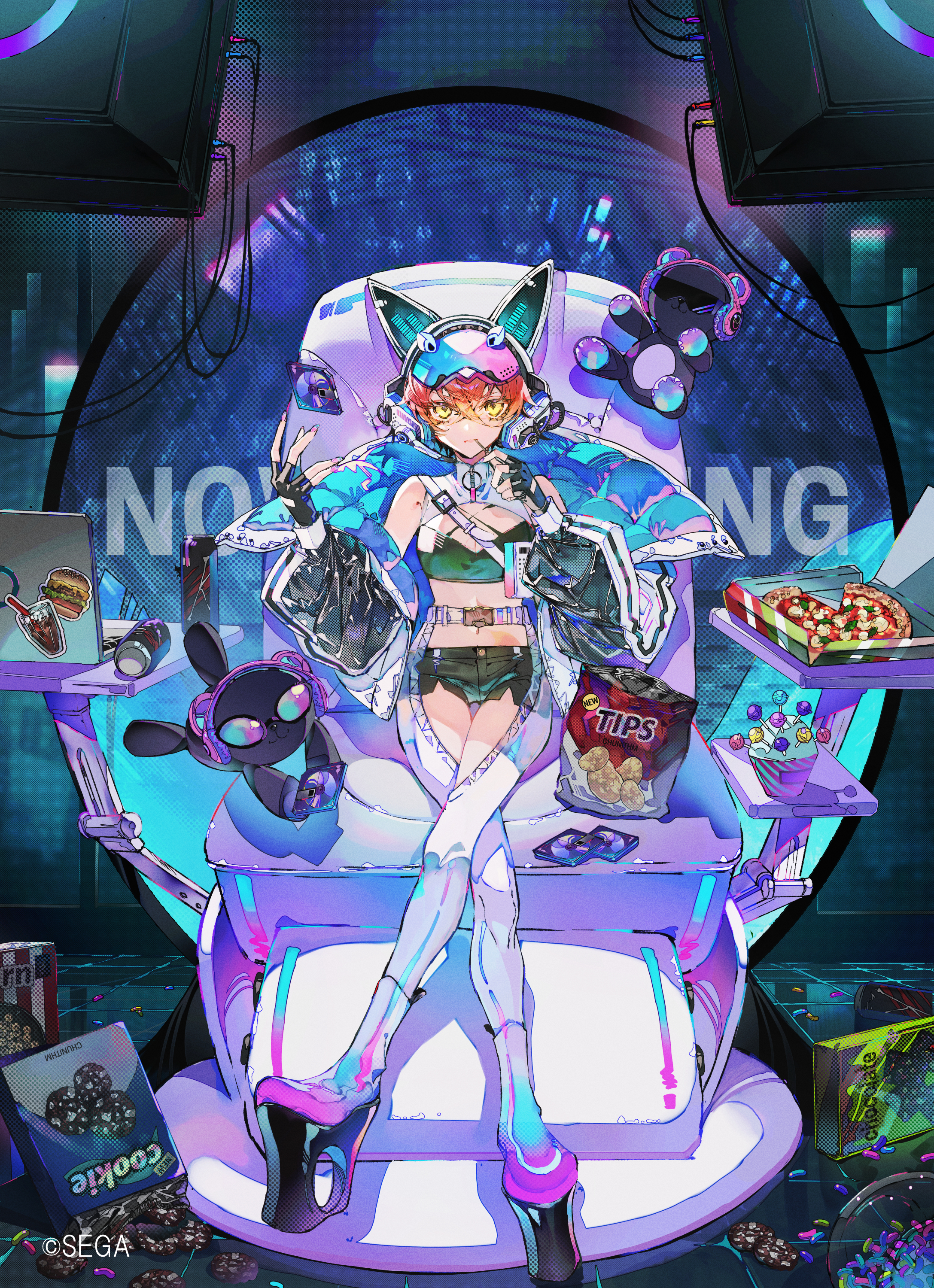 mura karuki, chunithm, absurdres, character request, commentary request, highres, official art, 1girl, bag of chips, boots, computer, cookie, crossed legs, fingerless gloves, food, gloves, headgear, jacket, laptop, looking at viewer, open clothes, open jacket, pizza, platform boots, red hair, short shorts, shorts, sitting, snack, solo, sticker, stuffed animal, stuffed toy, teddy bear, yellow eyes