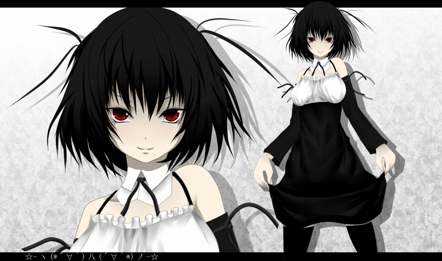 maeda kousuke, original, 1girl, black hair, dress, female focus, letterboxed, mole, mole under mouth, red eyes, short hair, smile, solo, thighhighs