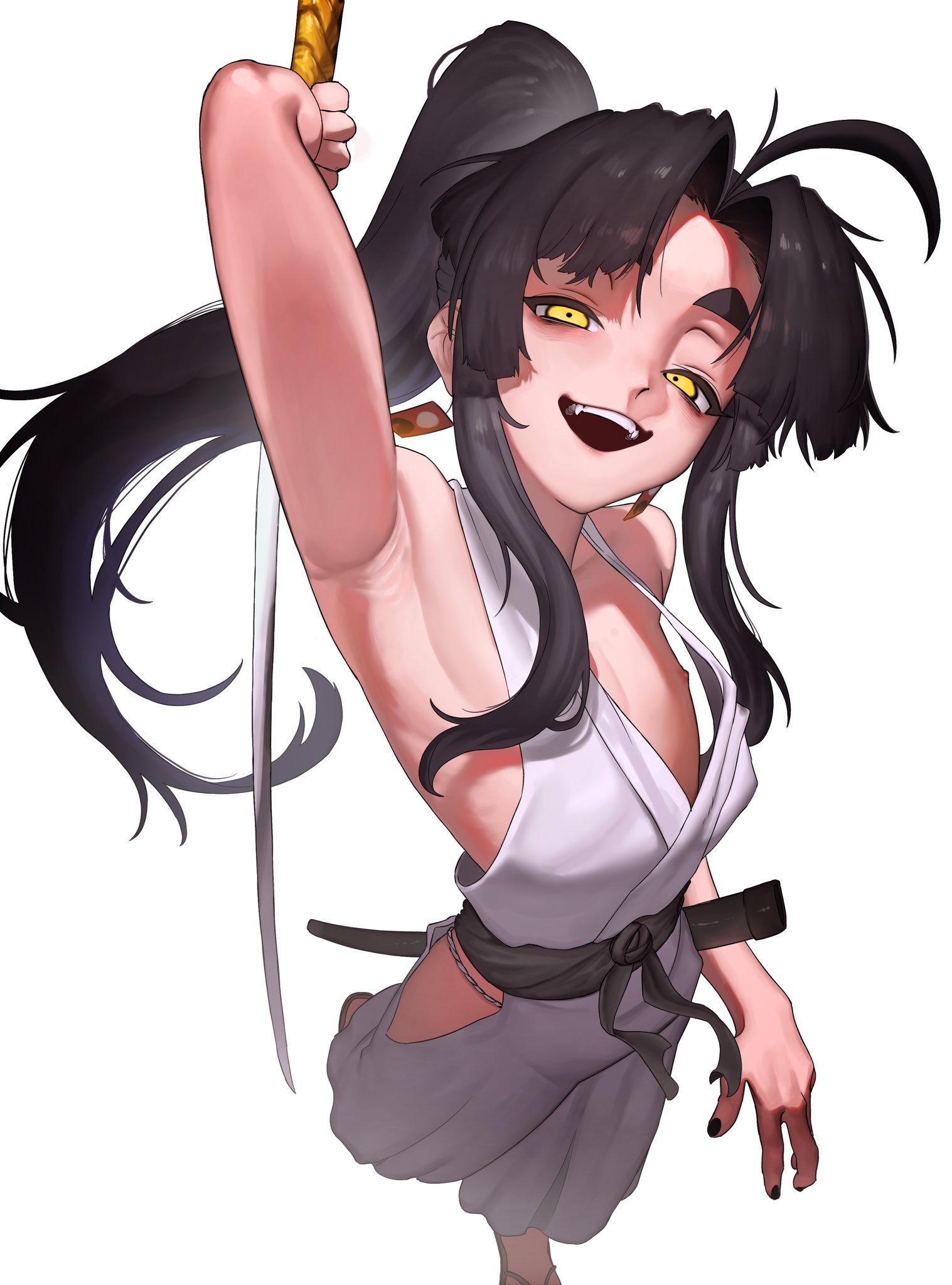 eitirou12345, original, commentary request, highres, 1boy, :d, arm up, armpits, bare arms, bare shoulders, black hair, black nails, black sash, borrowed character, clothing cutout, curtained hair, earrings, fangs, foot out of frame, hip vent, holding, holding sword, holding weapon, japanese clothes, jewelry, katana, kimono, long hair, male focus, nipples, ofuda earrings, open mouth, parted bangs, ponytail, sash, sidelocks, simple background, sleeveless, sleeveless kimono, smile, solo, standing, sword, thick eyebrows, trap, ushiwaka (lihayato), weapon, white background, white kimono, yellow eyes