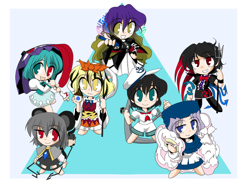 kieyza, hijiri byakuren, houjuu nue, kumoi ichirin, murasa minamitsu, nazrin, tatara kogasa, toramaru shou, unzan, touhou, 6+girls, :p, anchor, animal ears, black hair, black thighhighs, blonde hair, blue eyes, blue hair, chibi, cloud, dress, everyone, gradient hair, green eyes, grey hair, hair ornament, hat, heterochromia, hood, jewelry, karakasa obake, long hair, mouse ears, mouse tail, multicolored hair, multiple girls, pendant, polearm, purple hair, red eyes, ring, sailor, sailor hat, shawl, short hair, snake, spear, tail, thighhighs, tongue, tongue out, trident, umbrella, weapon, wings, yellow eyes