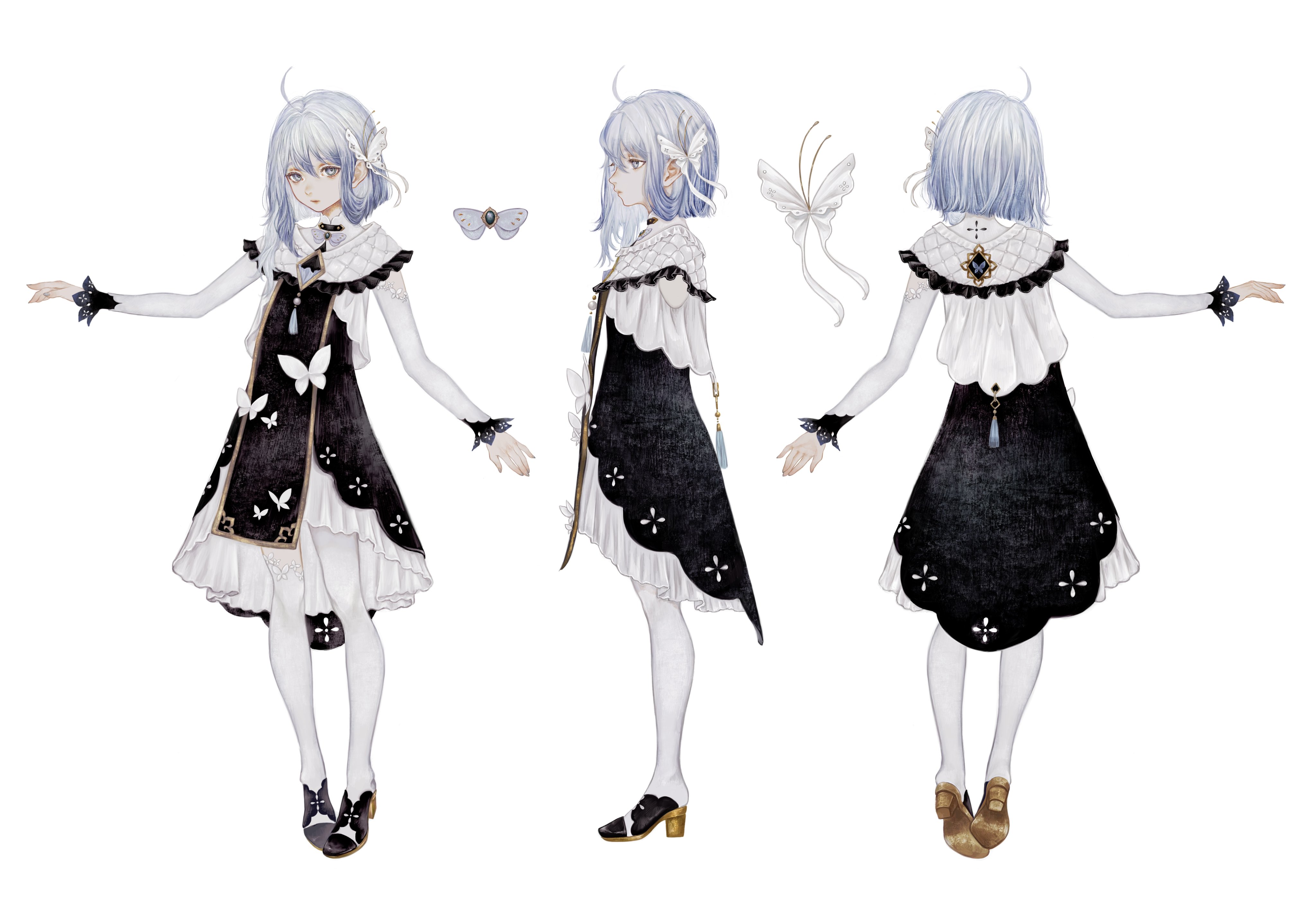 shirone (coxo ii), ciel (kamitsubaki studio), kamitsubaki studio, absurdres, commentary request, highres, official art, 1girl, ahoge, brooch, bug, butterfly, butterfly hair ornament, dress, expressionless, from behind, from side, full body, hair ornament, high heels, insect, jewelry, medium hair, multiple views, outstretched arm, pantyhose, profile, turnaround, white eyes, white hair, white pantyhose