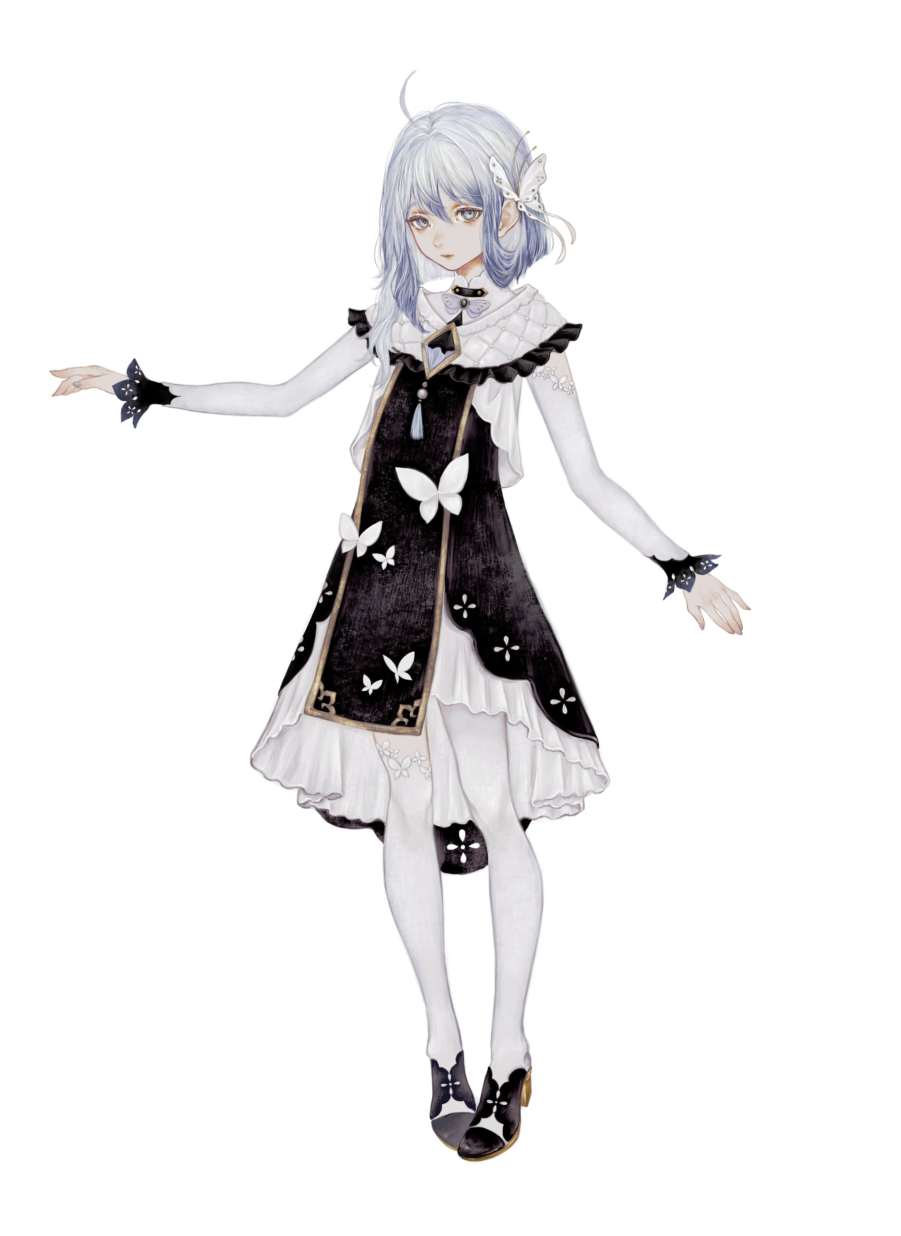 shirone (coxo ii), ciel (kamitsubaki studio), kamitsubaki studio, absurdres, commentary request, highres, official art, 1girl, ahoge, brooch, bug, butterfly, butterfly hair ornament, dress, expressionless, full body, hair ornament, high heels, insect, jewelry, medium hair, outstretched arm, pantyhose, white eyes, white hair, white pantyhose