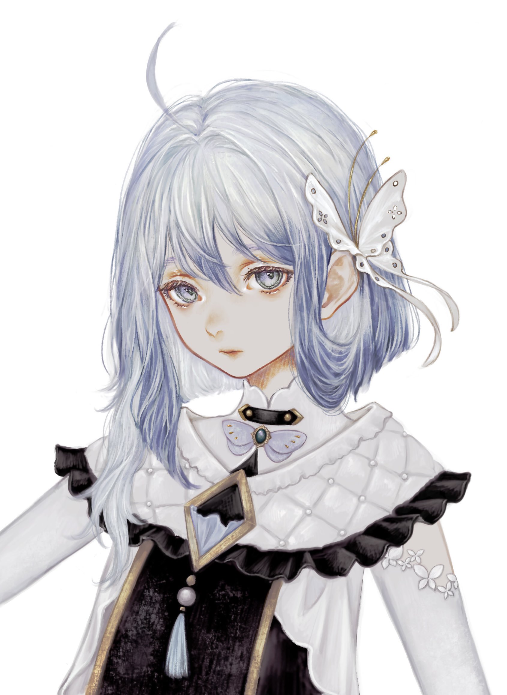 shirone (coxo ii), ciel (kamitsubaki studio), kamitsubaki studio, commentary request, highres, official art, 1girl, ahoge, butterfly hair ornament, dress, expressionless, hair ornament, looking at viewer, medium hair, upper body, white eyes, white hair
