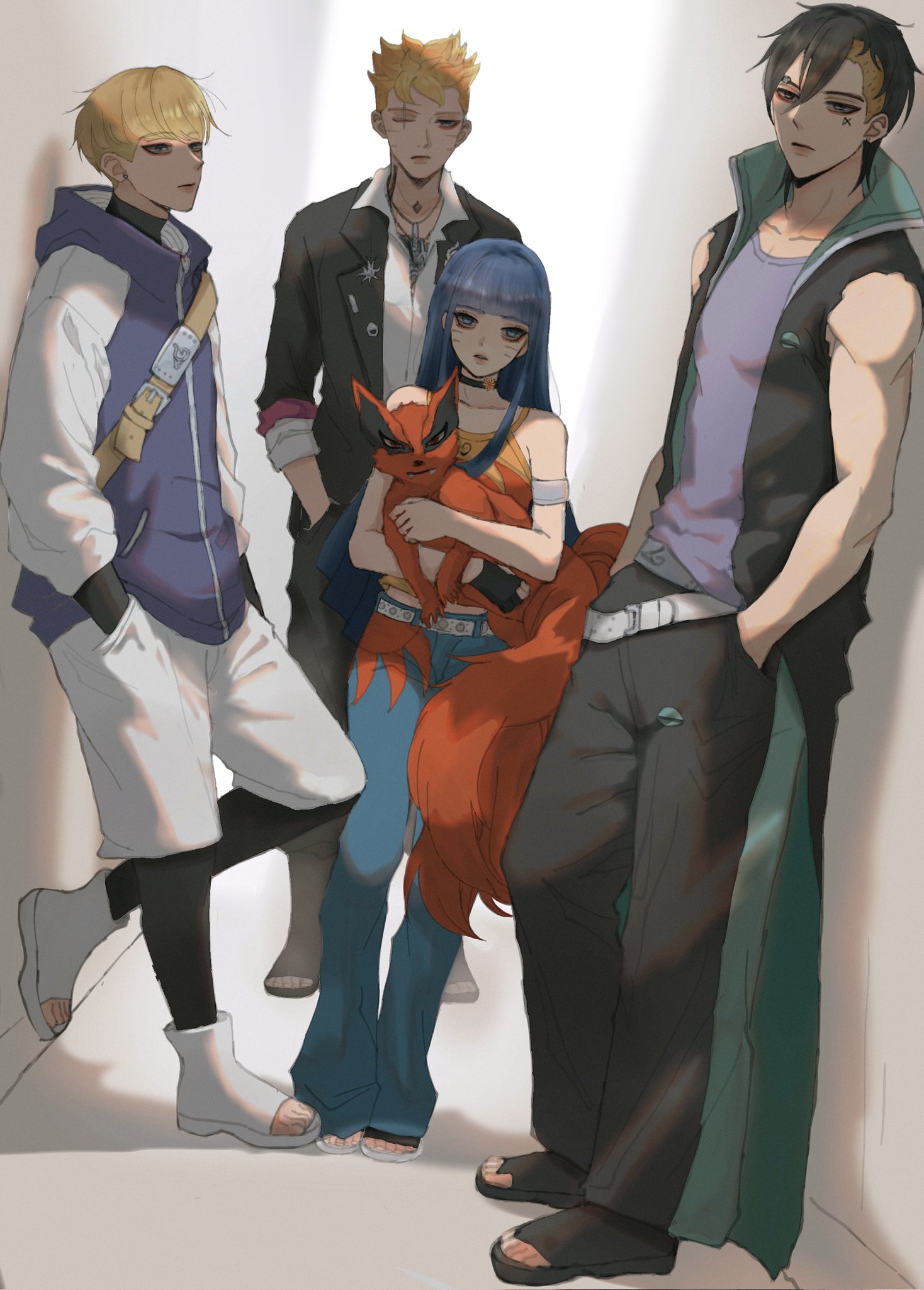 kawaki (boruto), kurama (naruto), uzumaki boruto, uzumaki himawari, yamanaka inojin, black joke, boruto: two blue vortex, naruto (series), highres, 1girl, 3boys, adoptive siblings, alley, animal, belt, black coat, black hair, black leggings, blonde hair, blue eyes, blue hair, blunt bangs, boots, brother and sister, camisole, coat, eyebrow piercing, face piercing, facial tattoo, fox, hands in pockets, holding, holding animal, ifevilwhyuhot, jewelry, leggings, multicolored hair, multiple boys, necklace, one eye closed, open-toe boots, orange camisole, piercing, scar, scar across eye, scar on face, shorts, siblings, sleeveless, sleeveless coat, sleeves rolled up, tattoo, toned, toned male, two-tone hair, undercut, white belt, white shorts