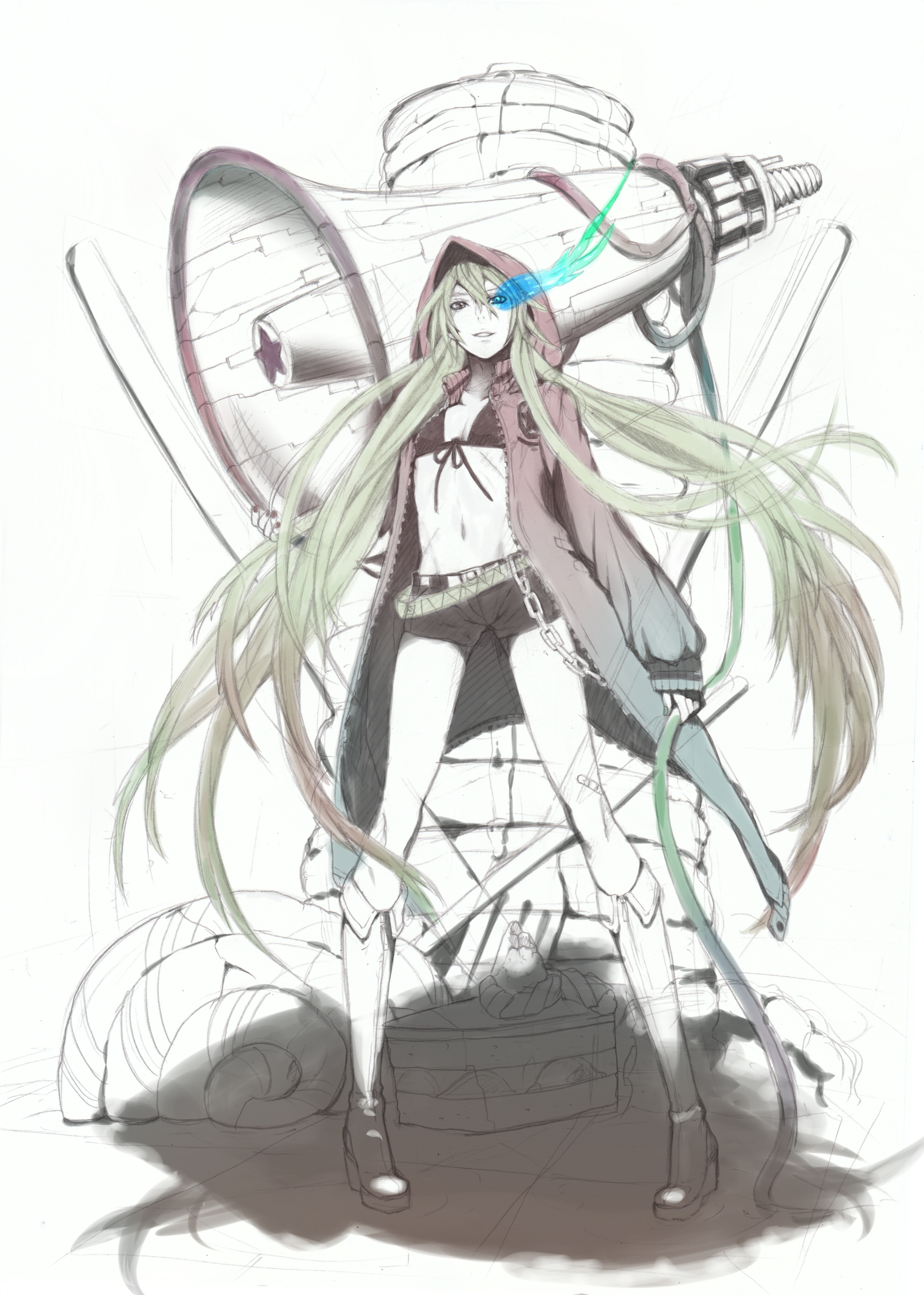 nayu, black rock shooter (character), hatsune miku, black rock shooter, original, vocaloid, absurdres, highres, traditional media, 1girl, black rock shooter (cosplay), blonde hair, boots, chain, cosplay, female focus, glowing, glowing eyes, legs, long hair, megaphone, oversized object, shorts, solo