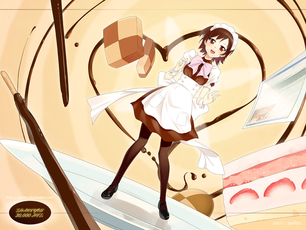 zpolice, original, bad id, bad pixiv id, 1girl, apron, brown eyes, brown hair, cake, checkerboard cookie, cookie, female focus, food, hairband, in food, legs, maid, maid apron, mary janes, milestone celebration, mini person, minigirl, on plate, pantyhose, pastry, plate, pocky, shoes, short hair, solo
