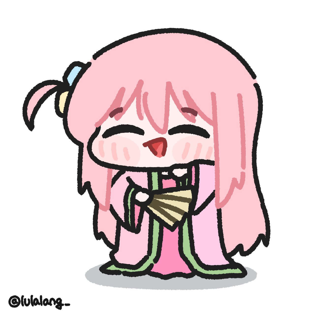 lulalang, gotoh hitori, bocchi the rock!, highres, 1girl, chibi, chibi only, closed eyes, facing viewer, folding fan, full body, hand fan, holding, holding fan, japanese clothes, kimono, long hair, one side up, open mouth, pink hair, pink kimono, simple background, smile, solo, standing, white background