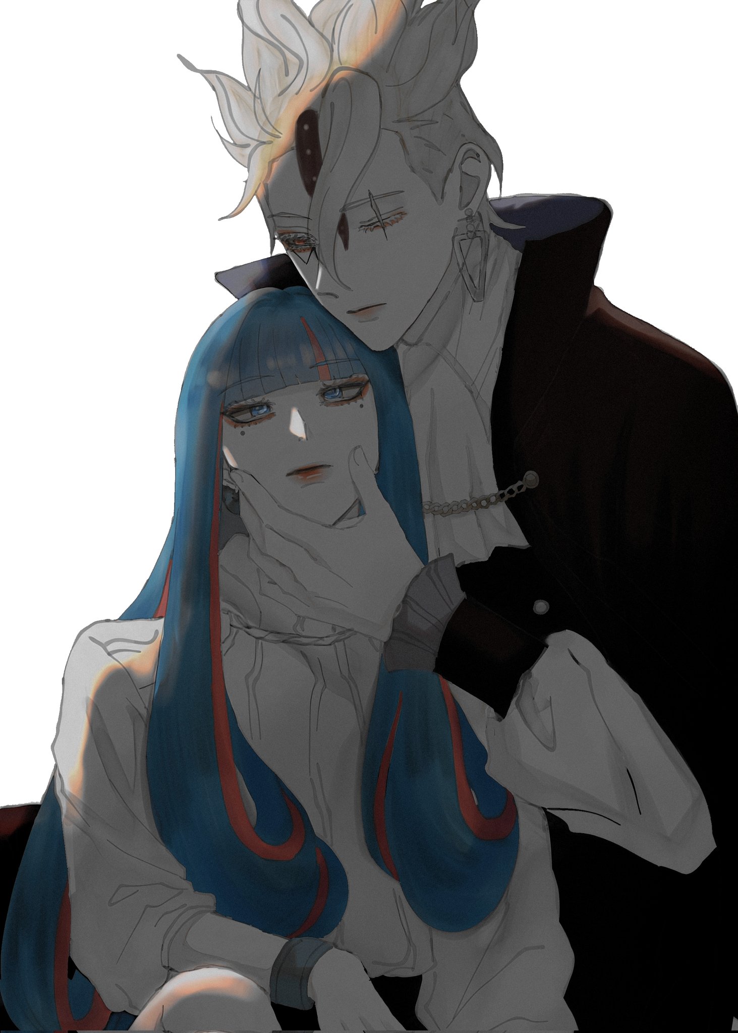 ada (naruto), boruto: naruto next generations, naruto (series), corrupted twitter file, highres, 1boy, 1girl, black cape, blue eyes, blue hair, blunt bangs, bracelet, cape, code (naruto), earrings, facial tattoo, hair between eyes, hand on another's chin, ifevilwhyuhot, jewelry, long hair, long sleeves, mole, mole under each eye, mole under eye, multicolored hair, multiple moles, one eye closed, orange eyes, pink hair, puffy long sleeves, puffy sleeves, scar, scar across eye, scar on face, streaked hair, tattoo, triangle earrings, two-tone hair, very long hair, white hair