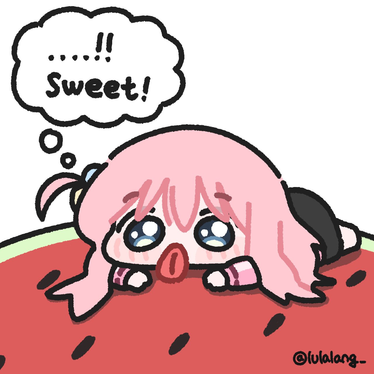 lulalang, gotoh hitori, bocchi the rock!, highres, 1girl, black skirt, blue eyes, chibi, chibi only, english text, food, fruit, full body, jacket, licking, long hair, looking at viewer, lying, on food, on stomach, one side up, pink hair, pink jacket, simple background, skirt, solo, speech bubble, thought bubble, tongue, tongue out, watermelon, watermelon slice, white background