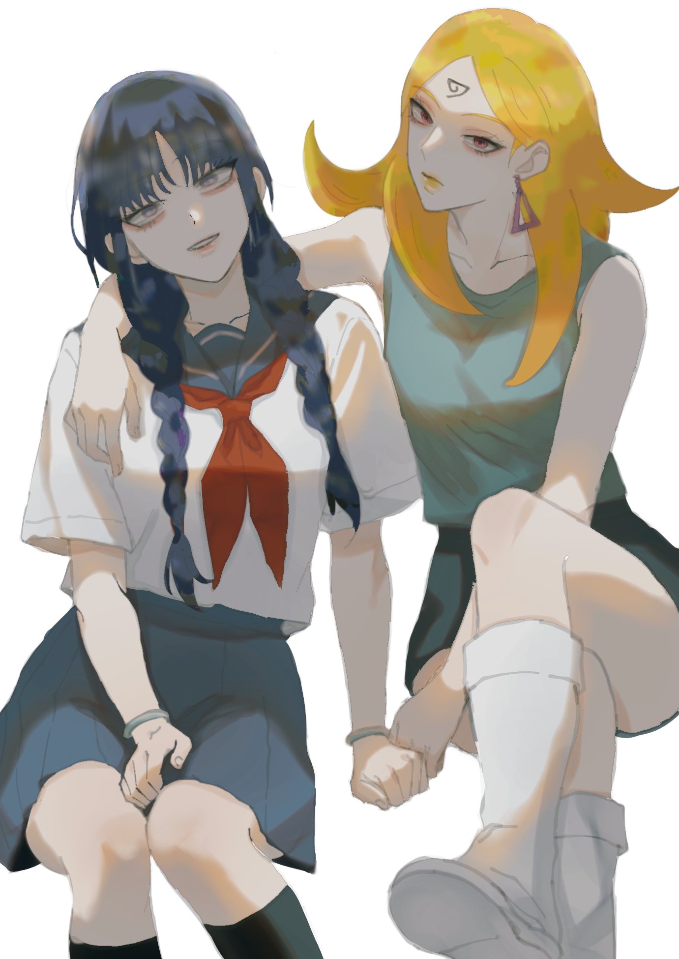 delta (boruto), kakei sumire, boruto: two blue vortex, naruto (series), highres, 2girls, aqua tank top, arm around neck, black hair, black socks, blonde hair, blue skirt, boots, bracelet, braid, breasts, crossed legs, earrings, facial mark, forehead mark, grey eyes, ifevilwhyuhot, jewelry, kneehighs, low twin braids, medium breasts, miniskirt, multiple girls, pink eyes, school uniform, serafuku, sitting, skirt, socks, tank top, triangle earrings, twin braids, white boots, yellow lips