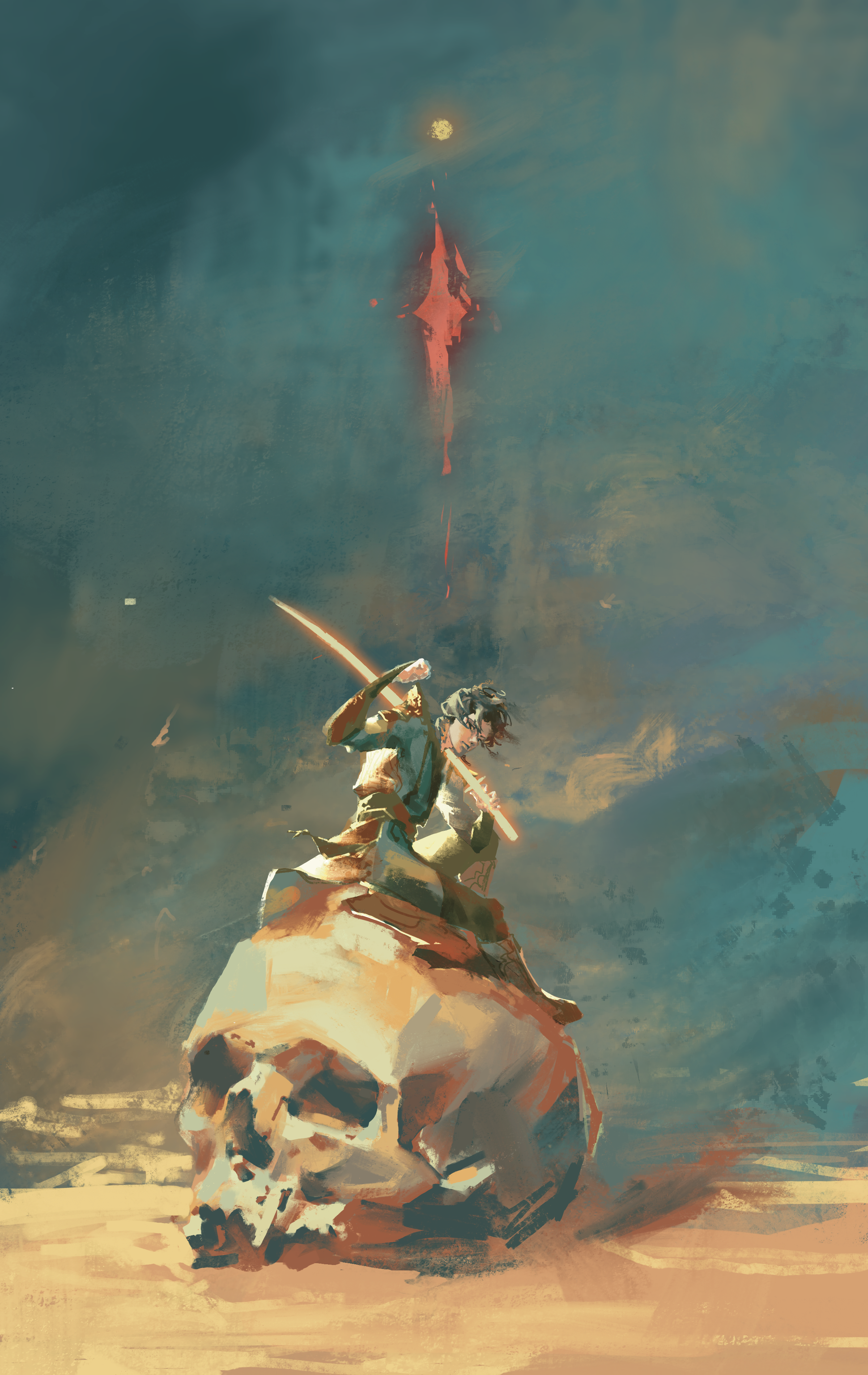 sunny (shadow slave), shadow slave, absurdres, commentary, english commentary, highres, 1boy, black hair, black robe, black tunic, full body, hand up, holding, holding sword, holding weapon, knee up, li axie, male focus, over shoulder, oversized object, raised fist, robe, short hair, sitting, skull, solo, sword, tunic, weapon, weapon over shoulder