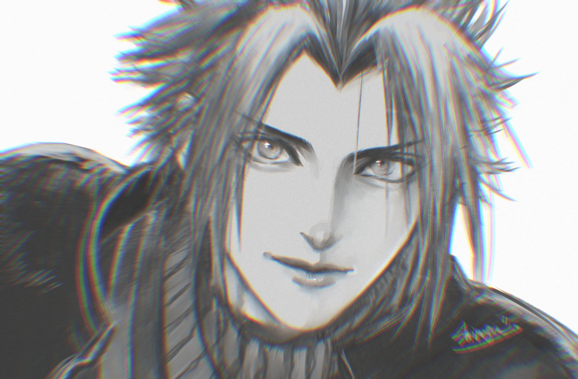 shinogu r, zack fair, crisis core: final fantasy vii, final fantasy, final fantasy vii, commentary request, highres, 1boy, armor, closed mouth, greyscale, lips, looking at viewer, male focus, monochrome, parted bangs, ribbed sweater, short hair, shoulder armor, signature, sleeveless, sleeveless turtleneck, solo, spiked hair, sweater, turtleneck, turtleneck sweater, upper body, white background