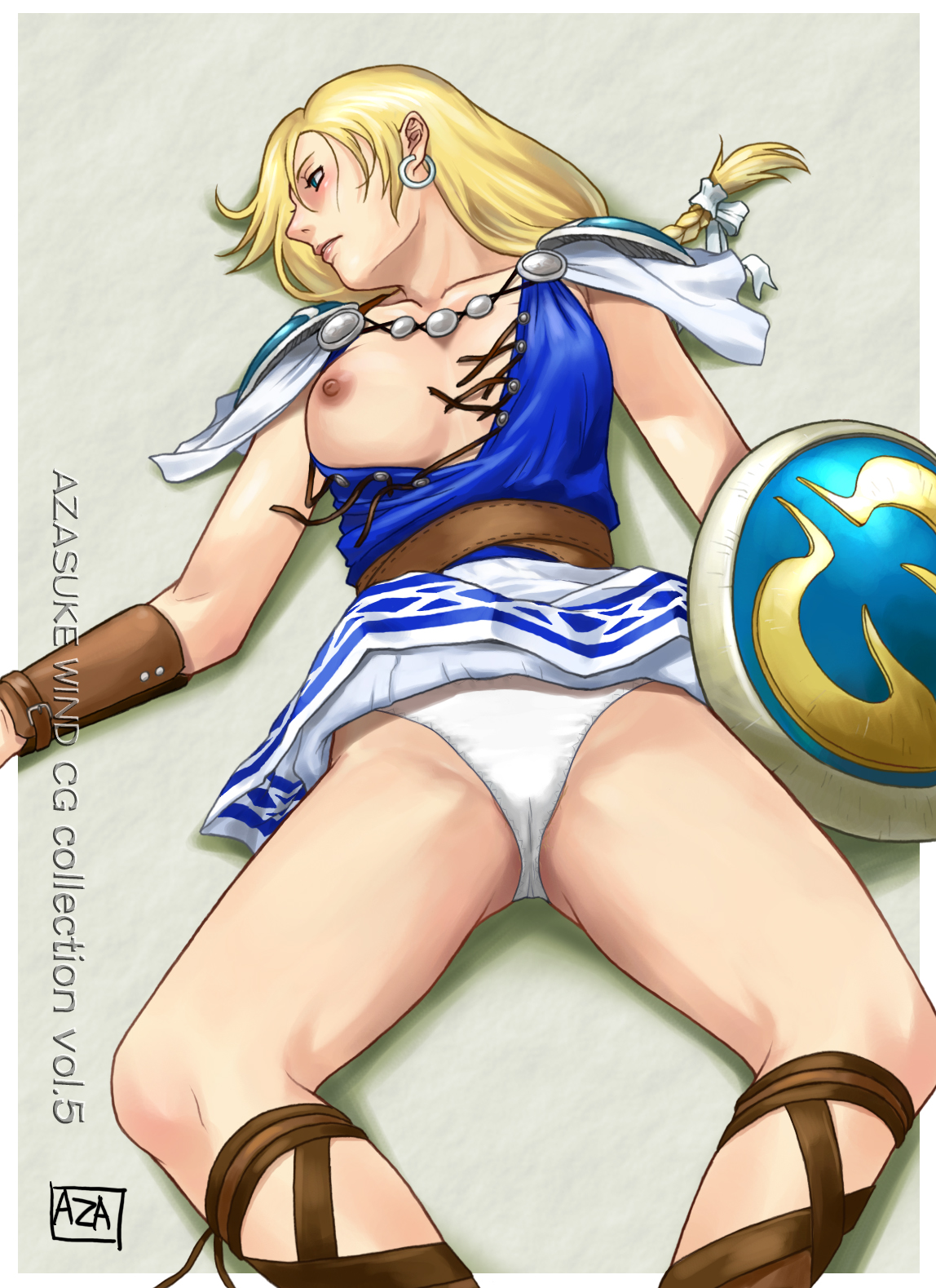 azasuke, sophitia alexandra, soul calibur, soulcalibur ii, highres, blonde hair, braid, breasts, earrings, jewelry, ribbon, shield, torn clothes