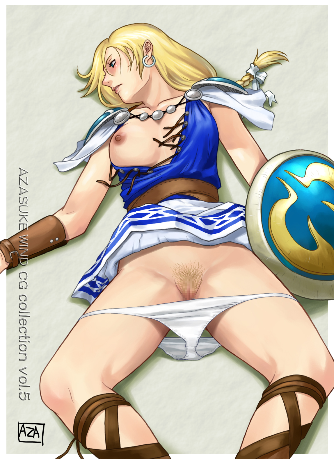 azasuke, sophitia alexandra, soul calibur, soulcalibur ii, highres, blonde hair, braid, breasts, censored, earrings, jewelry, pubic hair, ribbon, shield, torn clothes