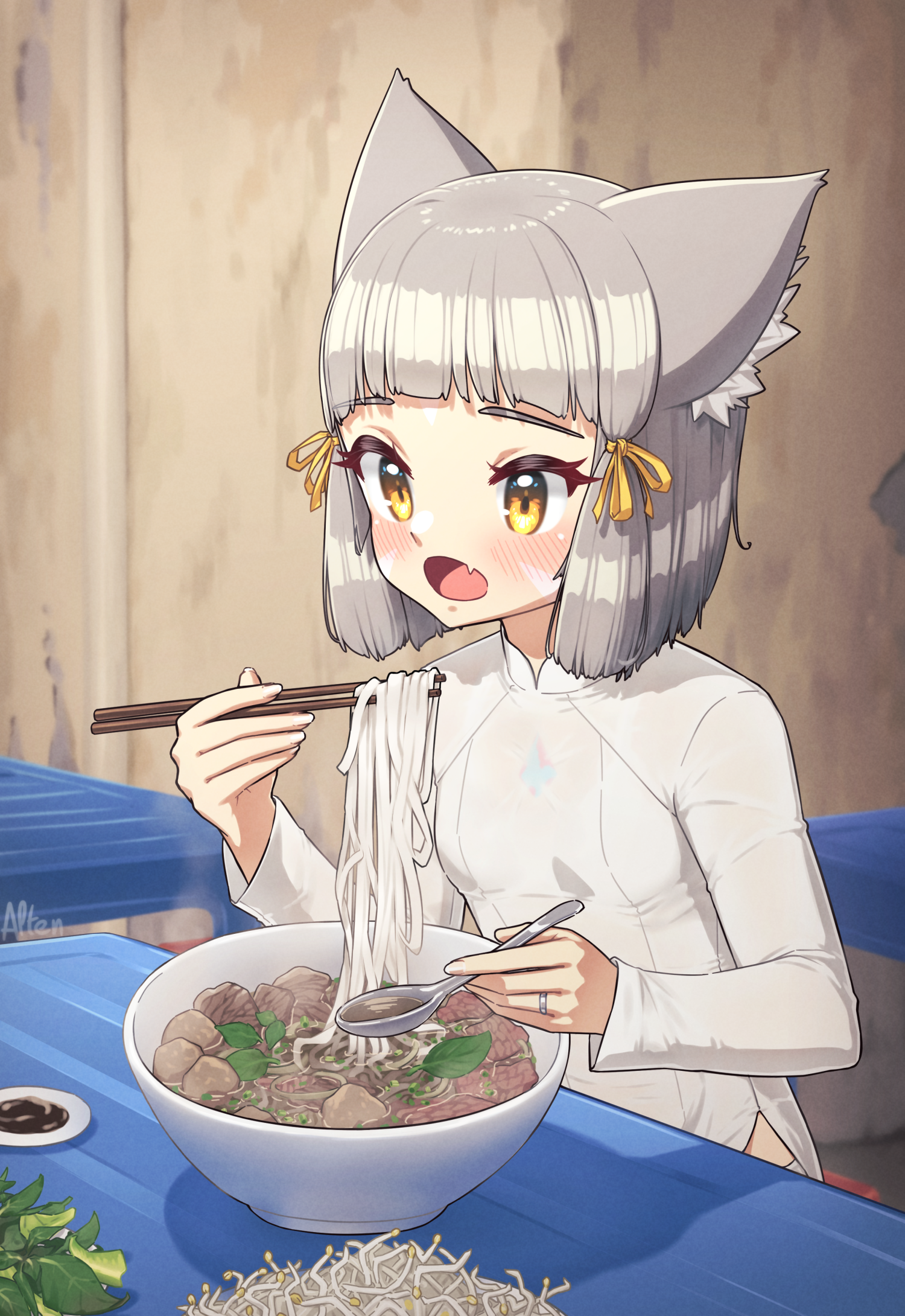 alten, nia (xenoblade), xenoblade chronicles (series), xenoblade chronicles 2, alt text, commentary, english commentary, highres, 1girl, animal ears, ao dai, breasts, cat ears, cat girl, chopsticks, core crystal (xenoblade), dated commentary, dress, fang, food, grey hair, holding, holding chopsticks, indoors, jewelry, long sleeves, noodles, open mouth, pho, ring, short hair, skin fang, small breasts, solo, table, tareme, vietnam, vietnamese clothes, wedding ring, white dress, wooden wall, yellow eyes