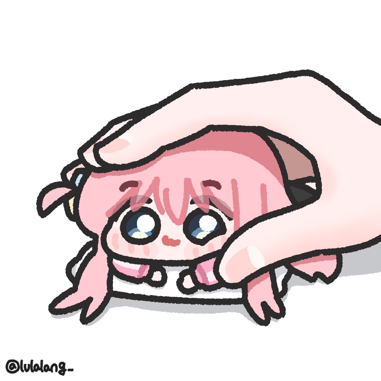 lulalang, gotoh hitori, bocchi the rock!, commentary, english commentary, highres, 1girl, blue eyes, chibi, closed mouth, holding, holding mini person, jacket, long hair, looking at viewer, lying, mini person, minigirl, on stomach, one side up, out of frame, pink hair, pink jacket, simple background, smile, solo focus, white background