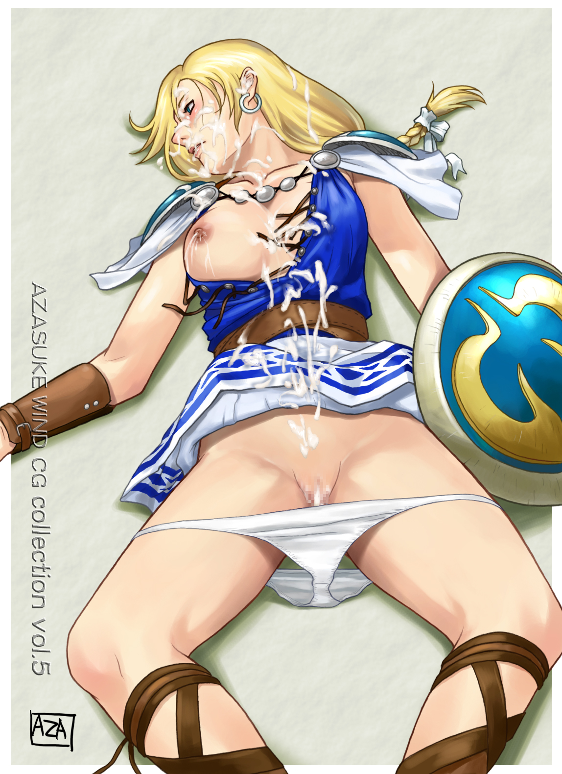 azasuke, sophitia alexandra, soul calibur, soulcalibur ii, highres, blonde hair, braid, breasts, censored, earrings, jewelry, rape, ribbon, shield, torn clothes