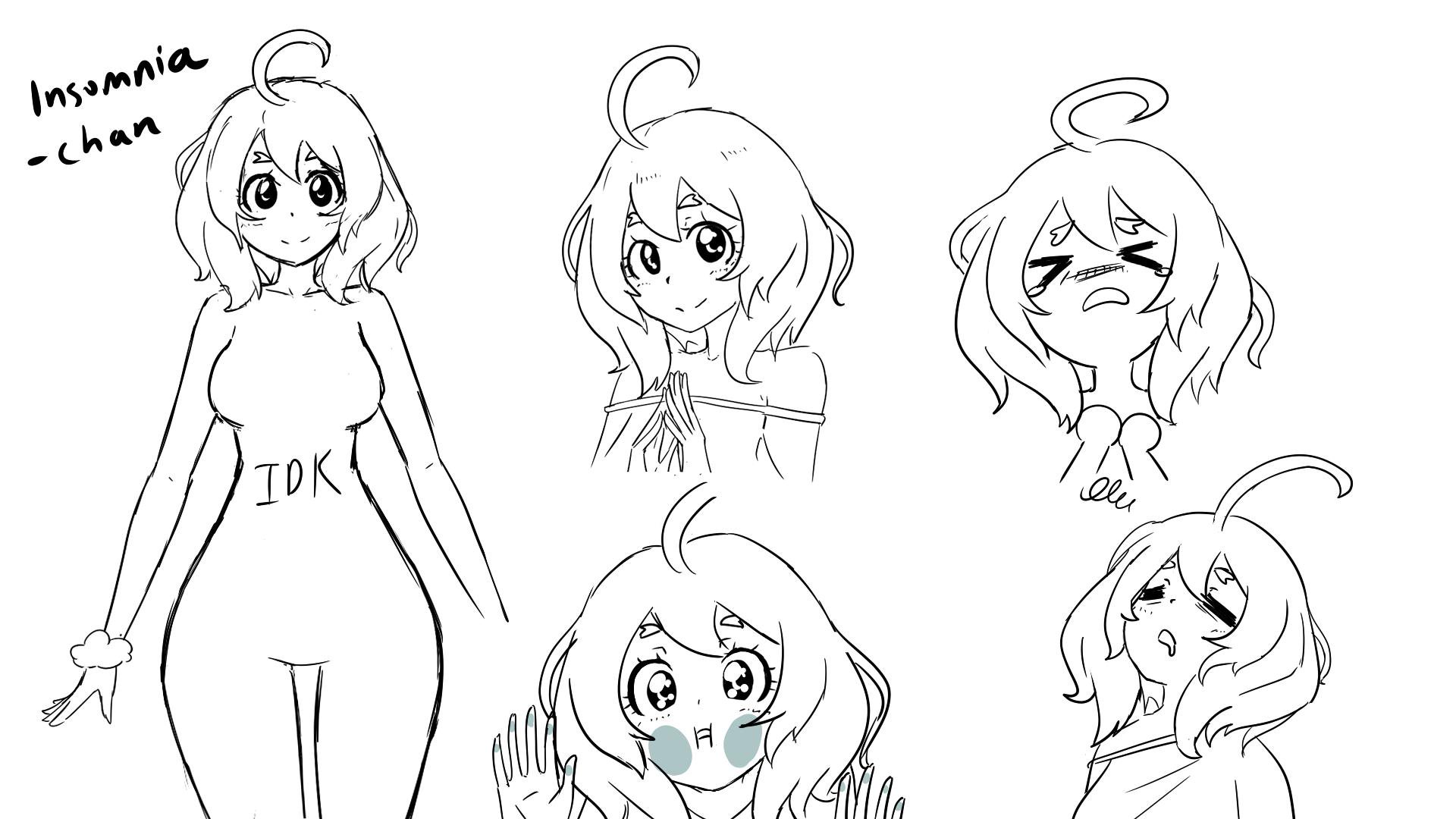 kay yu, insomnia-chan, original, highres, non-web source, > <, 1girl, ahoge, breasts, character name, closed eyes, closed mouth, cowboy shot, drooling, face against glass, greyscale, looking at viewer, medium breasts, medium hair, monochrome, multiple views, simple background, sketch, smile, thigh gap, white background