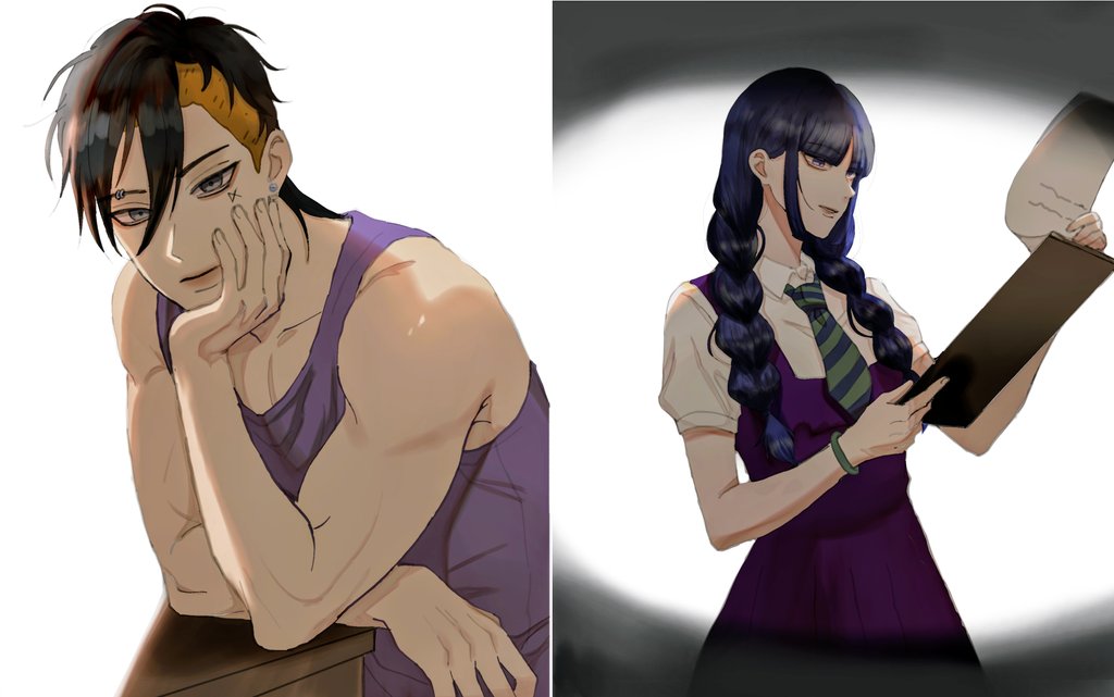 kakei sumire, kawaki (boruto), boruto: two blue vortex, naruto (series), 1boy, 1girl, black hair, blonde hair, blue hair, bracelet, braid, clipboard, diagonal-striped clothes, diagonal-striped necktie, dress, earrings, eyebrow piercing, face piercing, facial tattoo, grey eyes, head rest, holding, holding clipboard, ifevilwhyuhot, jewelry, low twin braids, multicolored hair, muscular, muscular male, necktie, paper, piercing, puffy short sleeves, puffy sleeves, purple dress, purple eyes, purple necktie, reading, short necktie, short sleeves, split screen, striped clothes, stud earrings, tattoo, twin braids, two-tone hair, undercut