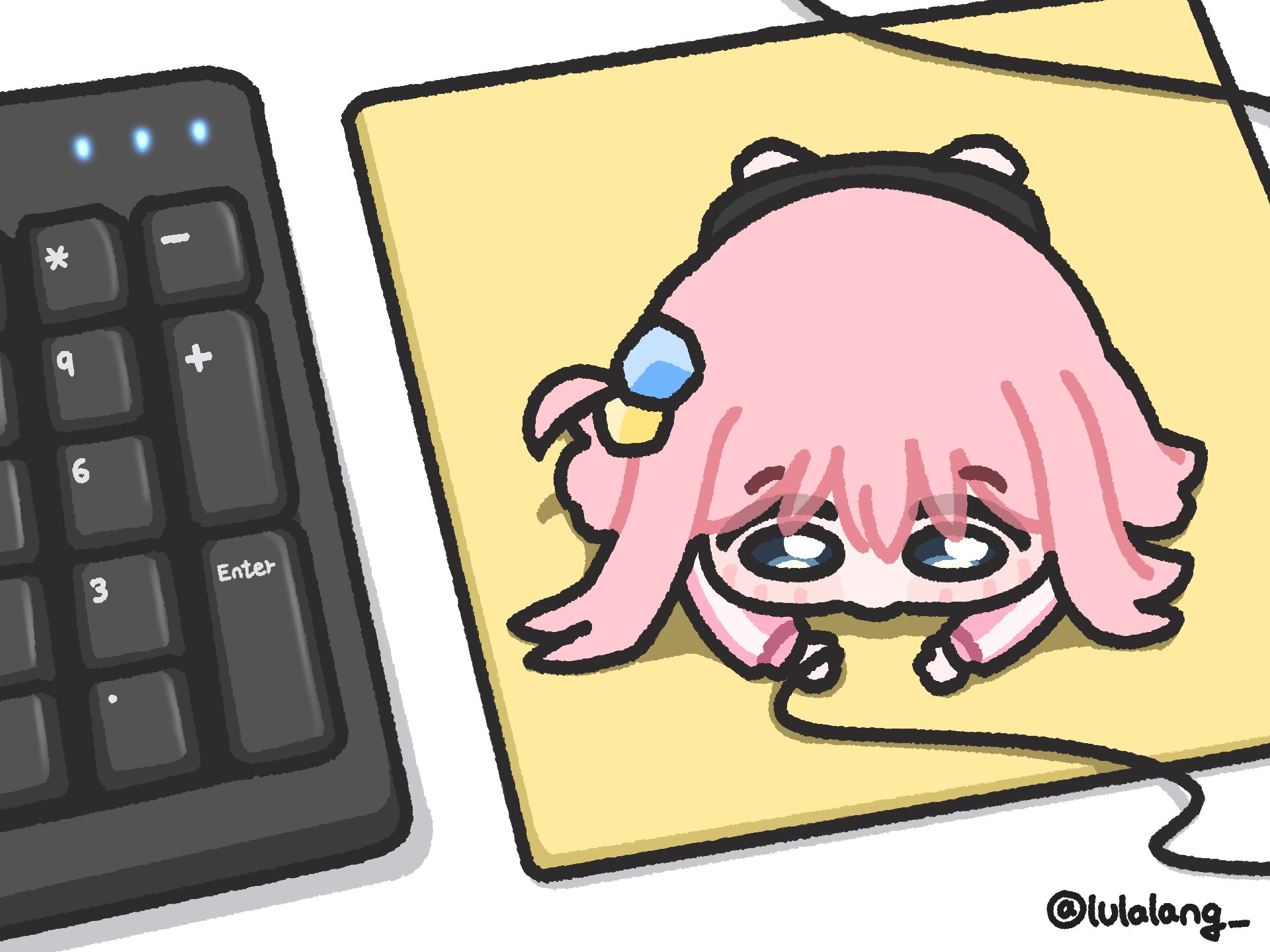 lulalang, gotoh hitori, bocchi the rock!, commentary, english commentary, highres, 1girl, black skirt, blue eyes, cable, chibi, chibi only, computer keyboard, full body, jacket, long hair, lying, on stomach, one side up, pink hair, pink jacket, pretend computer mouse, skirt, solo