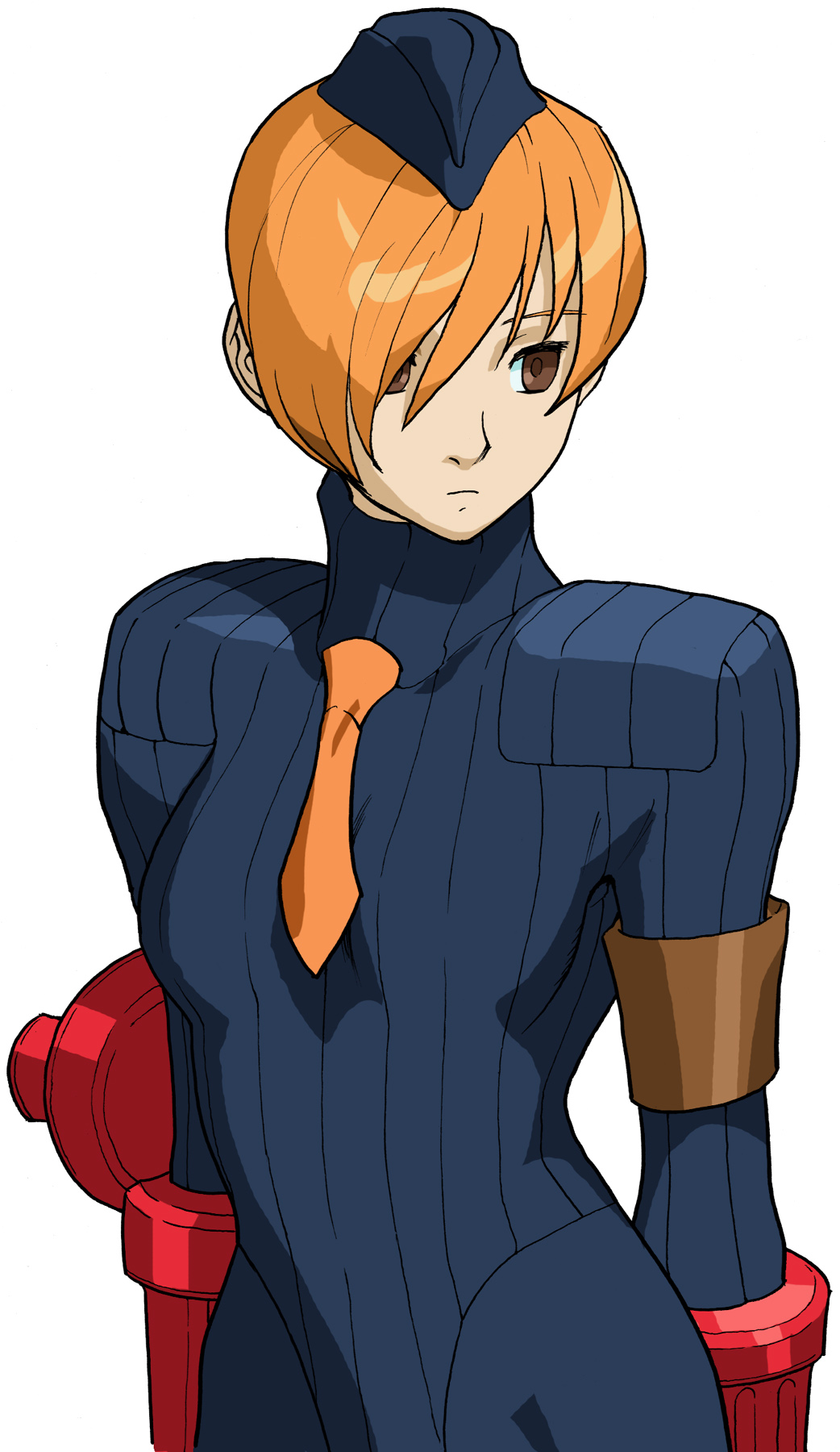 bengus, juni (street fighter), capcom, street fighter, street fighter zero (series), looking away, highres, official art, 1990s (style), 1girl, armband, blonde hair, blue pantyhose, bodysuit, breasts, brown eyes, cowboy shot, female focus, flat chest, frown, garrison cap, gloves, hair between eyes, hair over one eye, hat, highleg, highleg leotard, leotard, looking to the side, necktie, orange hair, pantyhose, retro artstyle, ribbed leotard, short hair, shoulder pads, simple background, small breasts, solo, standing, turtleneck, upper body, vambraces, white background