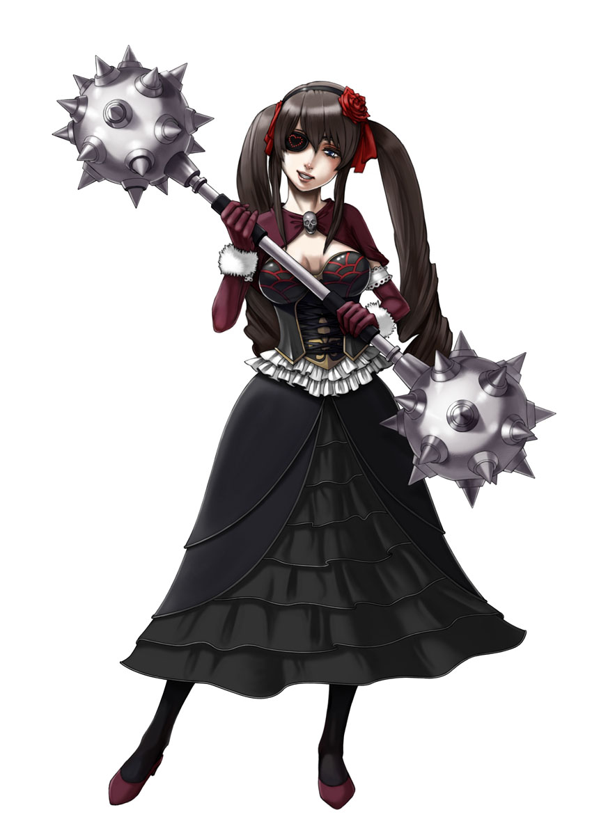 sawaragi, original, morningstar (weapon), highres, 1girl, armor, blue eyes, brown hair, cloak, corset, dress, elbow gloves, eyepatch, female focus, flower, gloves, hair ornament, heart, mace, skull, solo, twintails, weapon
