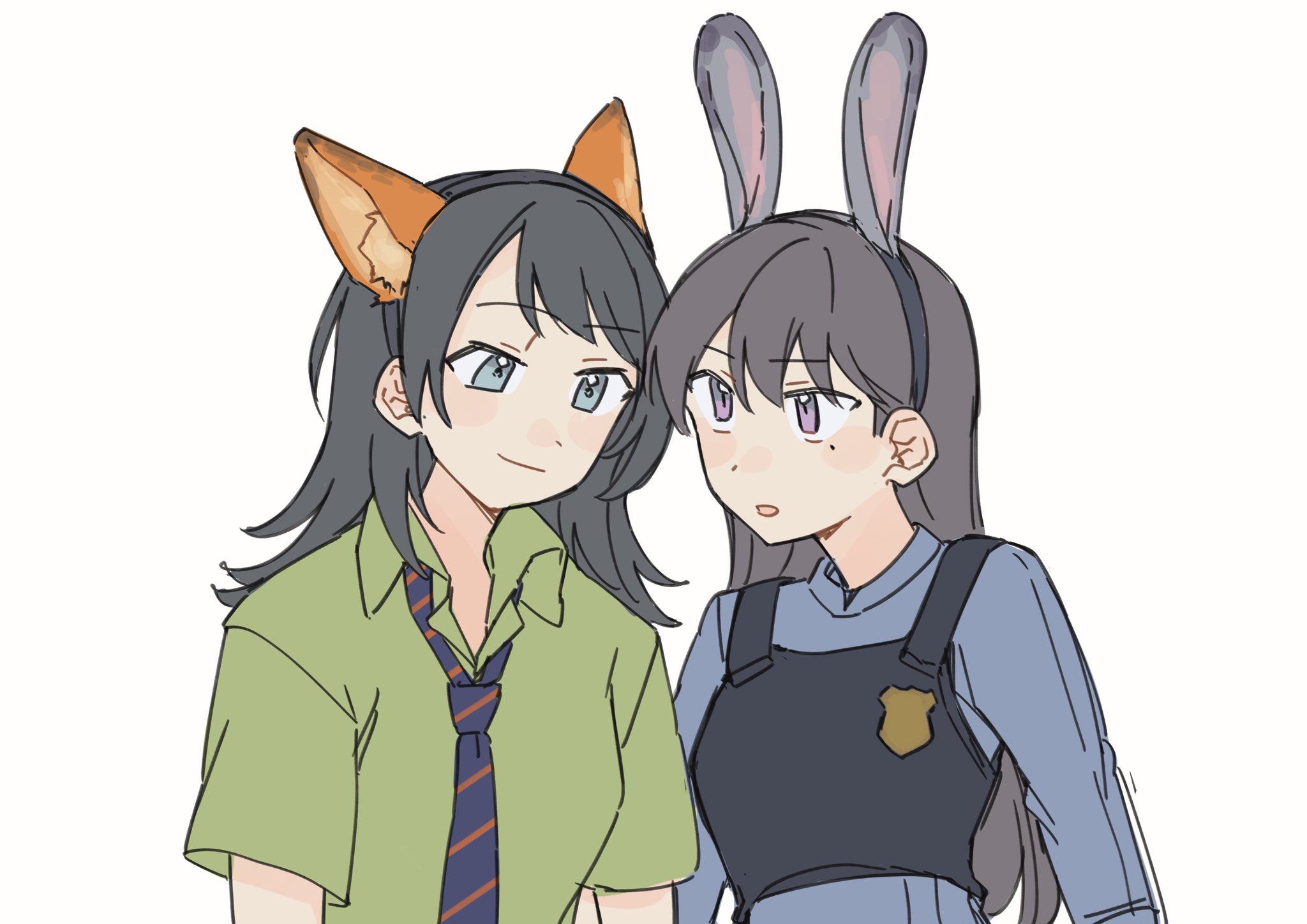 jenjen, judy hopps, nick wilde, shiina taki, yahata umiri, bang dream!, bang dream! it's mygo!!!!!, zootopia, commentary, hashtag-only commentary, highres, 2girls, animal ear hairband, animal ears, black hair, blue eyes, blue shirt, brown hair, bulletproof vest, closed mouth, collared shirt, cosplay, fake animal ears, green shirt, hairband, judy hopps (cosplay), long hair, looking at another, mole, mole under eye, multiple girls, necktie, nick wilde (cosplay), open mouth, purple eyes, purple necktie, rabbit ear hairband, rabbit ears, shirt, simple background, smile, upper body, white background, wolf ears