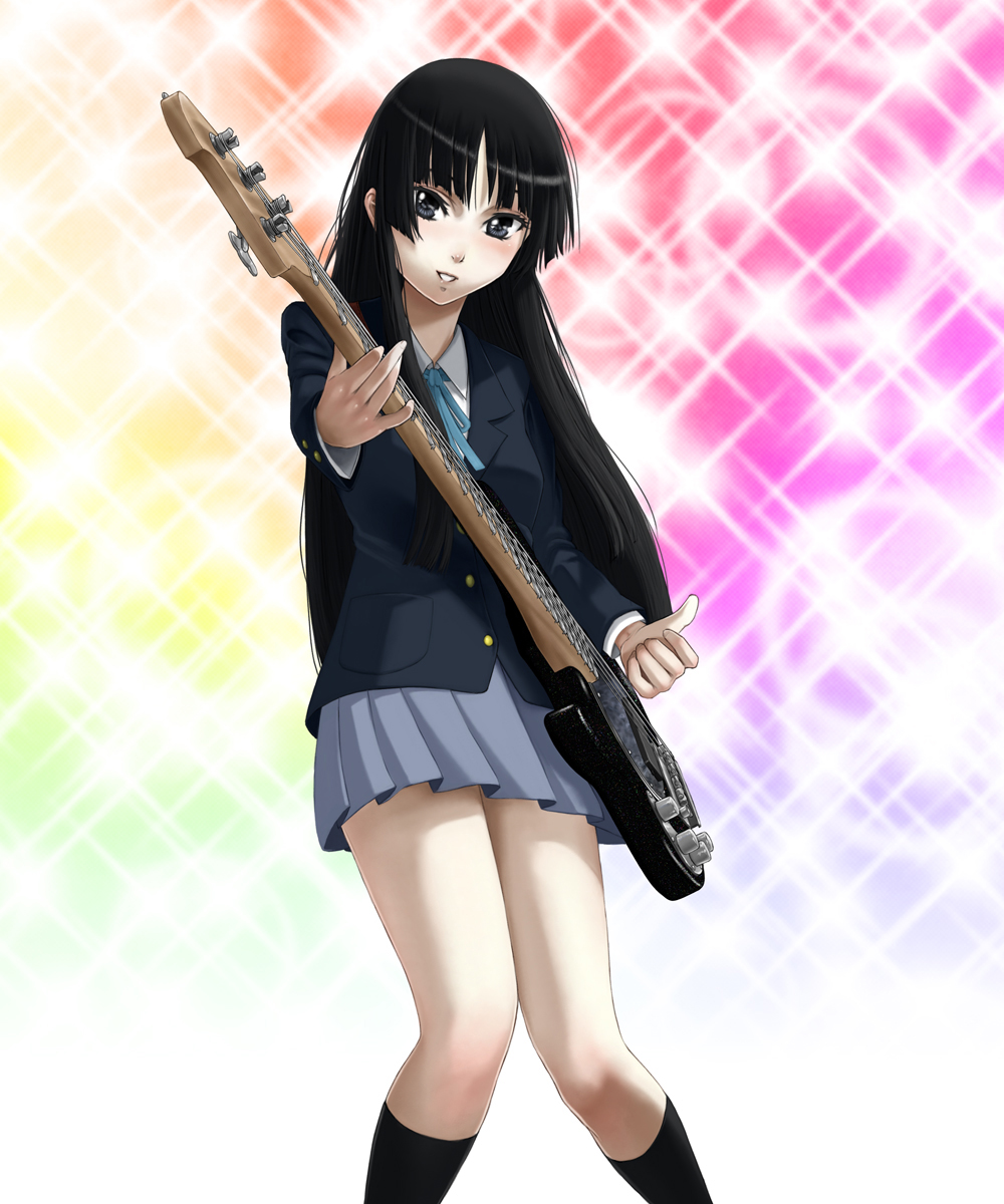 sawaragi, akiyama mio, k-on!, highres, 00s, 1girl, bass guitar, black hair, blue eyes, female focus, instrument, long hair, looking at viewer, miniskirt, school uniform, skirt, smile, solo