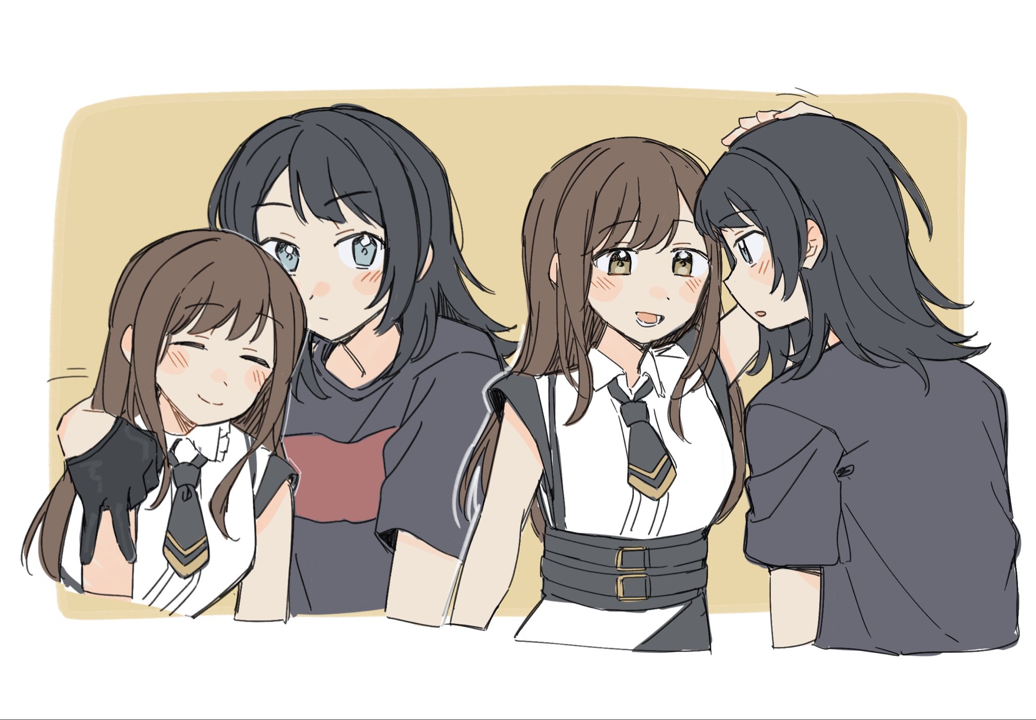 jenjen, sumita mana, yahata umiri, bang dream!, bang dream! it's mygo!!!!!, chinese commentary, commentary request, highres, 2girls, black gloves, black hair, black necktie, black shirt, blue eyes, border, brown eyes, brown hair, closed eyes, closed mouth, dress, gloves, hand on another's head, medium hair, multiple girls, necktie, open mouth, shirt, simple background, smile, white border, white dress, yellow background