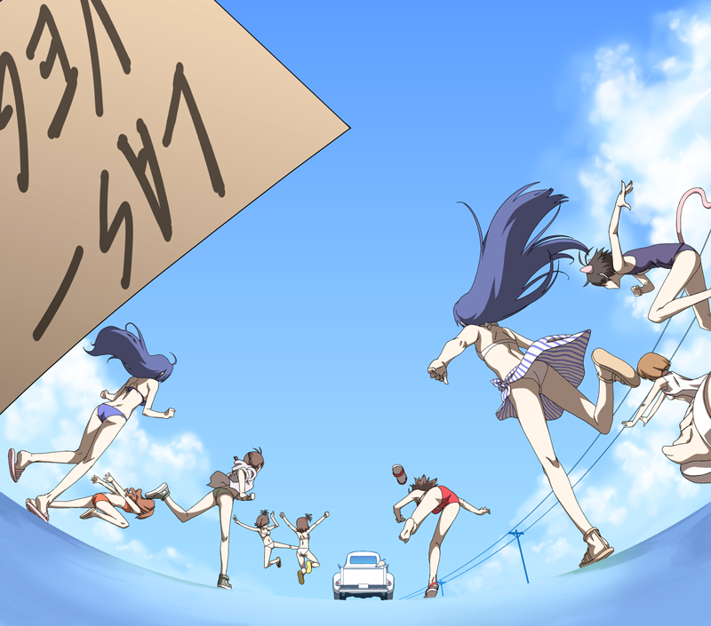 shimoigusa, takemura sessyu, akizuki ritsuko, amami haruka, futami ami, futami mami, hagiwara yukiho, hoshii miki, kikuchi makoto, kisaragi chihaya, miura azusa, takatsuki yayoi, idolmaster, idolmaster (classic), 00s, 6+girls, animal ears, ass, barefoot, bikini, cat ears, cat tail, day, feet, flip-flops, long legs, motor vehicle, multiple girls, no socks, one-piece swimsuit, sandals, school swimsuit, shoe dangle, shoes, siblings, sign, single shoe, sisters, soles, swimsuit, tail, toes, truck, twins