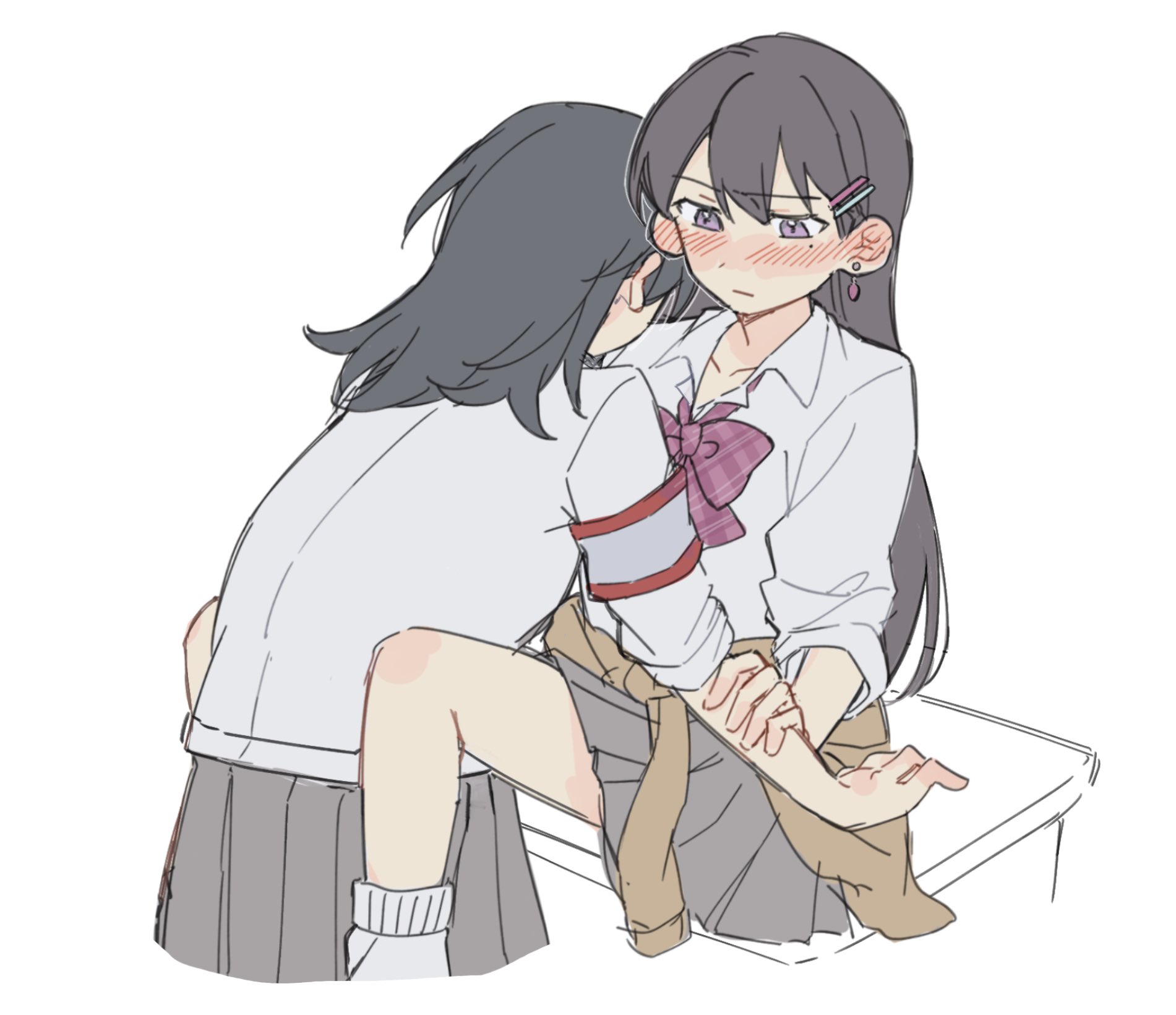 jenjen, shiina taki, yahata umiri, bang dream!, bang dream! it's mygo!!!!!, commentary, hashtag-only commentary, highres, 2girls, armband, between legs, black hair, blush, bow, brown hair, collared shirt, ear blush, grey skirt, hair ornament, hairclip, holding another's wrist, long hair, multiple girls, pleated skirt, purple bow, red armband, shirt, simple background, skirt, white background, white shirt, yuri
