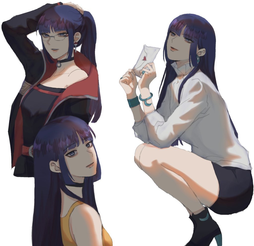 ada (naruto), kakei sumire, uchiha sarada, uzumaki himawari, boruto: two blue vortex, naruto (series), commentary request, ada (naruto) (cosplay), alternate hairstyle, bespectacled, black choker, black romper, black skirt, blue eyes, boots, bracelet, breasts, choker, cosplay, glasses, hand on own head, high heel boots, high heels, holding, holding letter, ifevilwhyuhot, jewelry, leotard, letter, love letter, medium breasts, ponytail, purple hair, ring, romper, sidelocks, skirt, squatting, strapless, strapless leotard, tank top, uchiha sarada (cosplay), uzumaki himawari (cosplay), yellow tank top