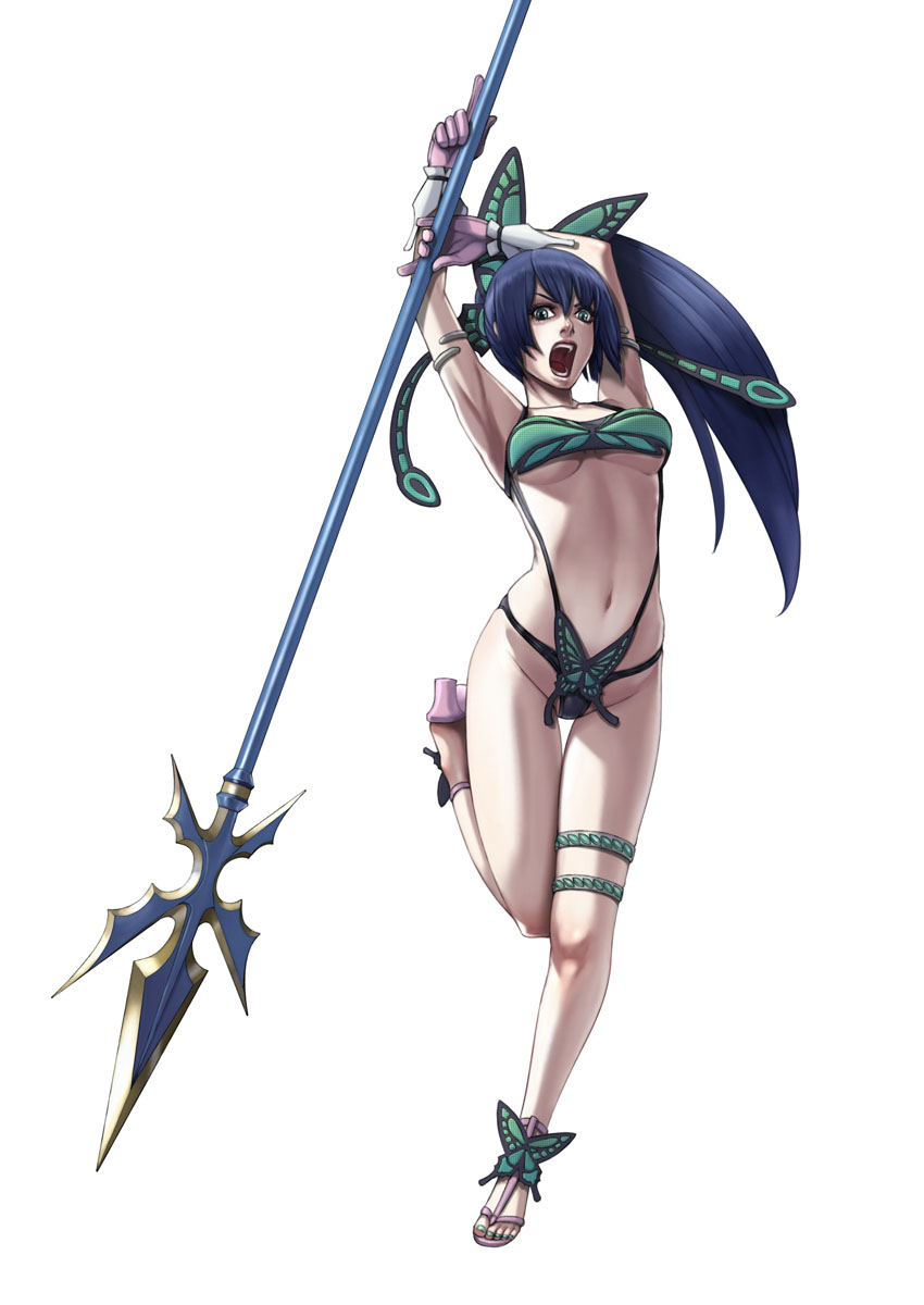 sawaragi, original, highres, 1girl, blue eyes, blue hair, breasts, female focus, lance, legs, matching hair/eyes, polearm, ponytail, solo, spear, underboob, weapon