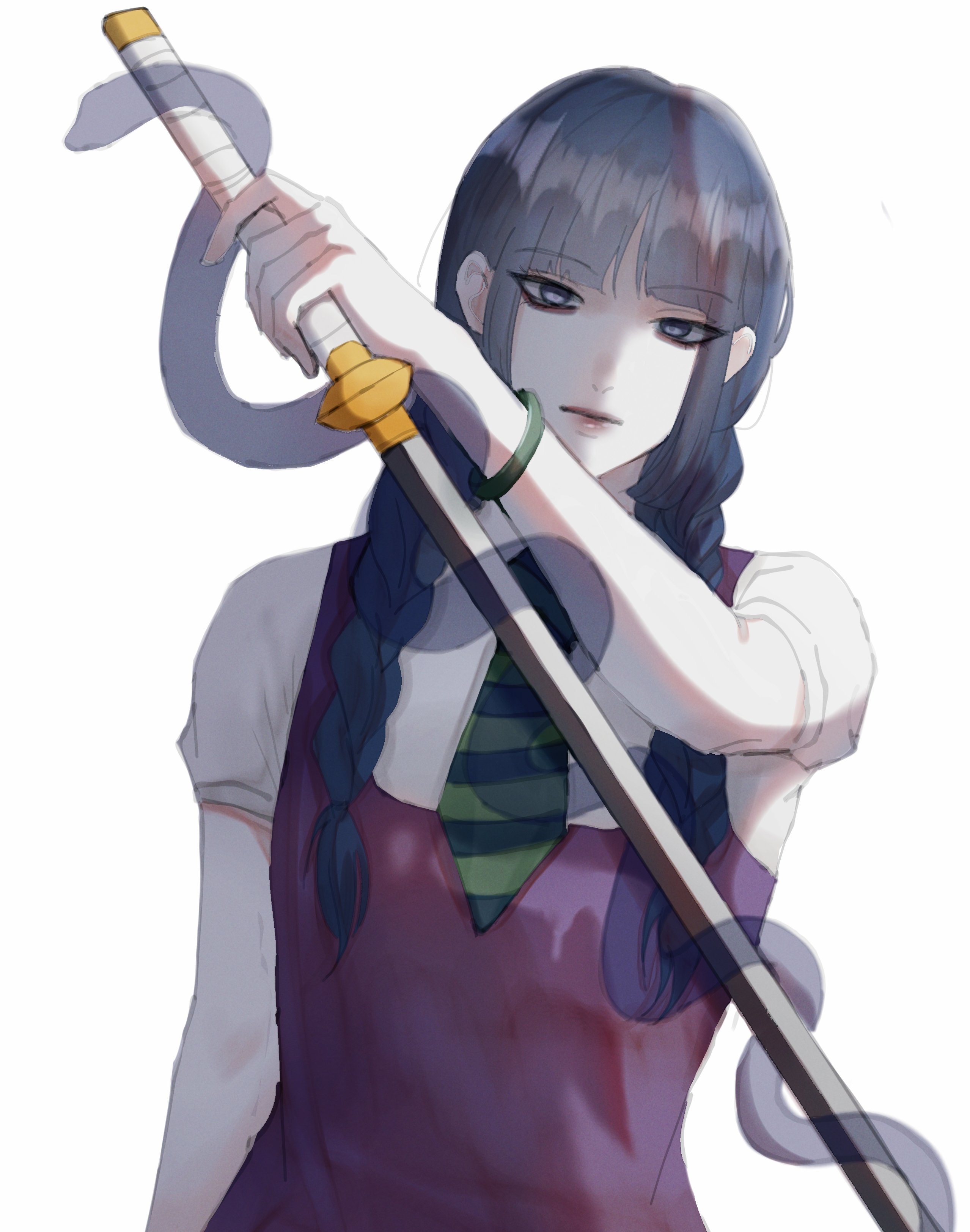 kakei sumire, boruto: two blue vortex, naruto (series), absurdres, commentary request, highres, 1girl, blue eyes, blue hair, blunt bangs, bracelet, braid, breasts, diagonal-striped clothes, diagonal-striped necktie, dress, expressionless, holding, holding sword, holding weapon, ifevilwhyuhot, jewelry, low twin braids, necktie, puffy short sleeves, puffy sleeves, purple dress, reverse grip, short necktie, short sleeves, small breasts, snake, solo, striped clothes, sword, twin braids, upper body, weapon