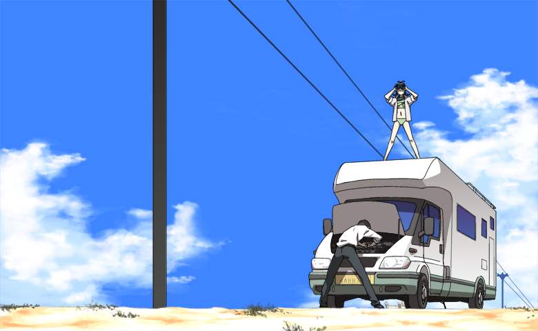 shimoigusa, takemura sessyu, akizuki ritsuko, producer (idolmaster), idolmaster, idolmaster (classic), looking away, 00s, 1boy, 1girl, barefoot, bikini, binoculars, cable, cloud, day, desert, full body, green bikini, jacket, jacket over swimsuit, motor vehicle, motorhome, multiple girls, outdoors, power lines, recreational vehicle, repairing, sand, sky, standing, swimsuit, utility pole, wire