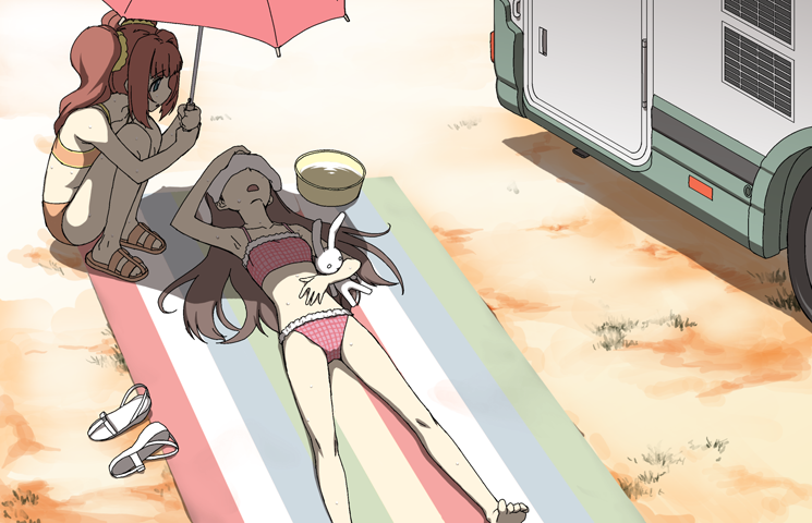 shimoigusa, takemura sessyu, minase iori, takatsuki yayoi, idolmaster, idolmaster (classic), crotch, vehicle, 00s, 2girls, barefoot, bikini, blunt bangs, brown hair, cameltoe, feet, full body, hair ornament, long hair, long legs, looking at another, lying, motor vehicle, multiple girls, on back, open mouth, outdoors, sandals, scrunchie, shade, shoes, soles, squatting, stuffed animal, stuffed toy, sweat, swimsuit, thighs, toes, twintails, umbrella, van