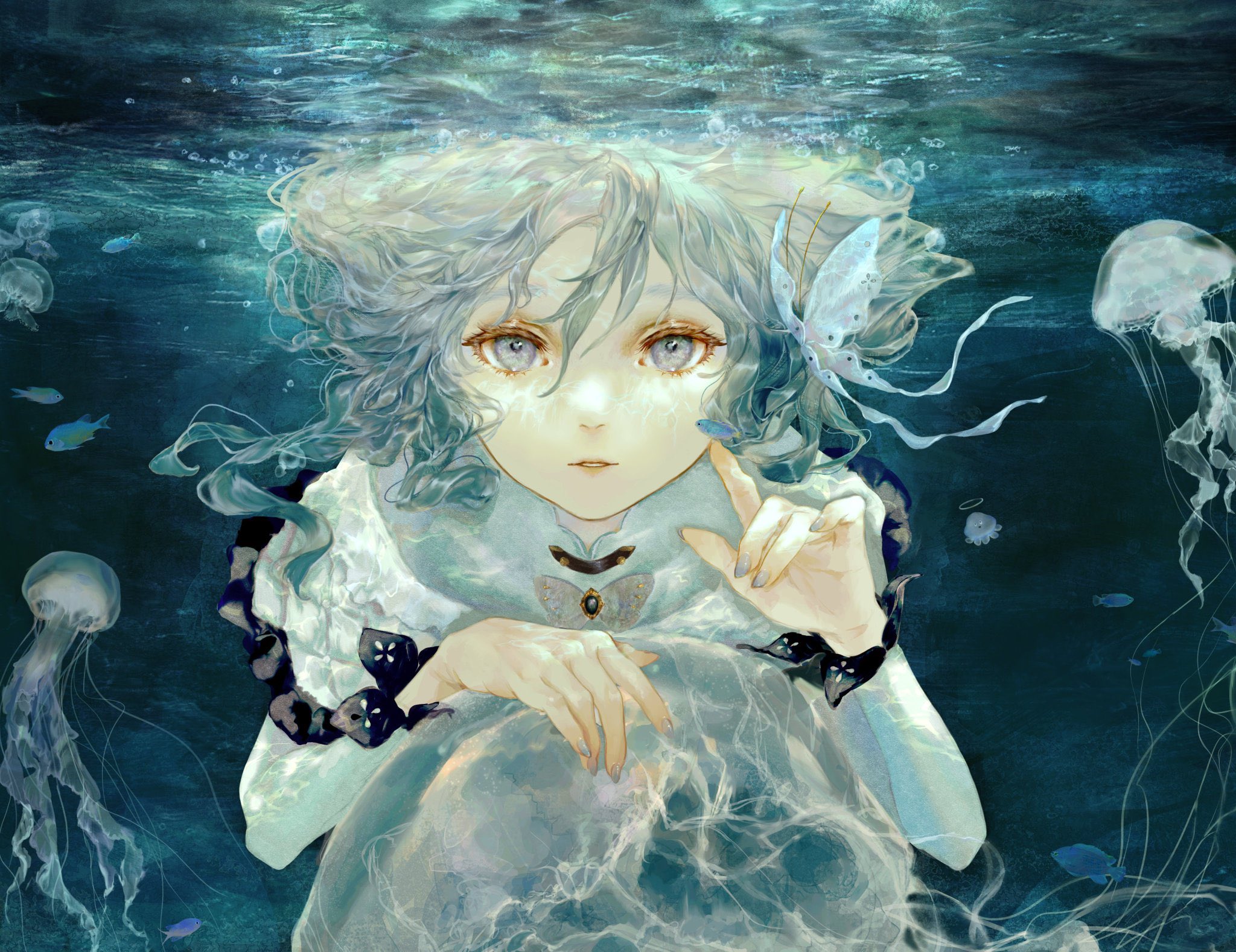 shirone (coxo ii), ciel (kamitsubaki studio), kamitsubaki studio, commentary request, highres, 1girl, blue eyes, blue hair, bug, butterfly, dress, insect, jellyfish, looking at viewer, parted lips, short hair, solo, underwater, water