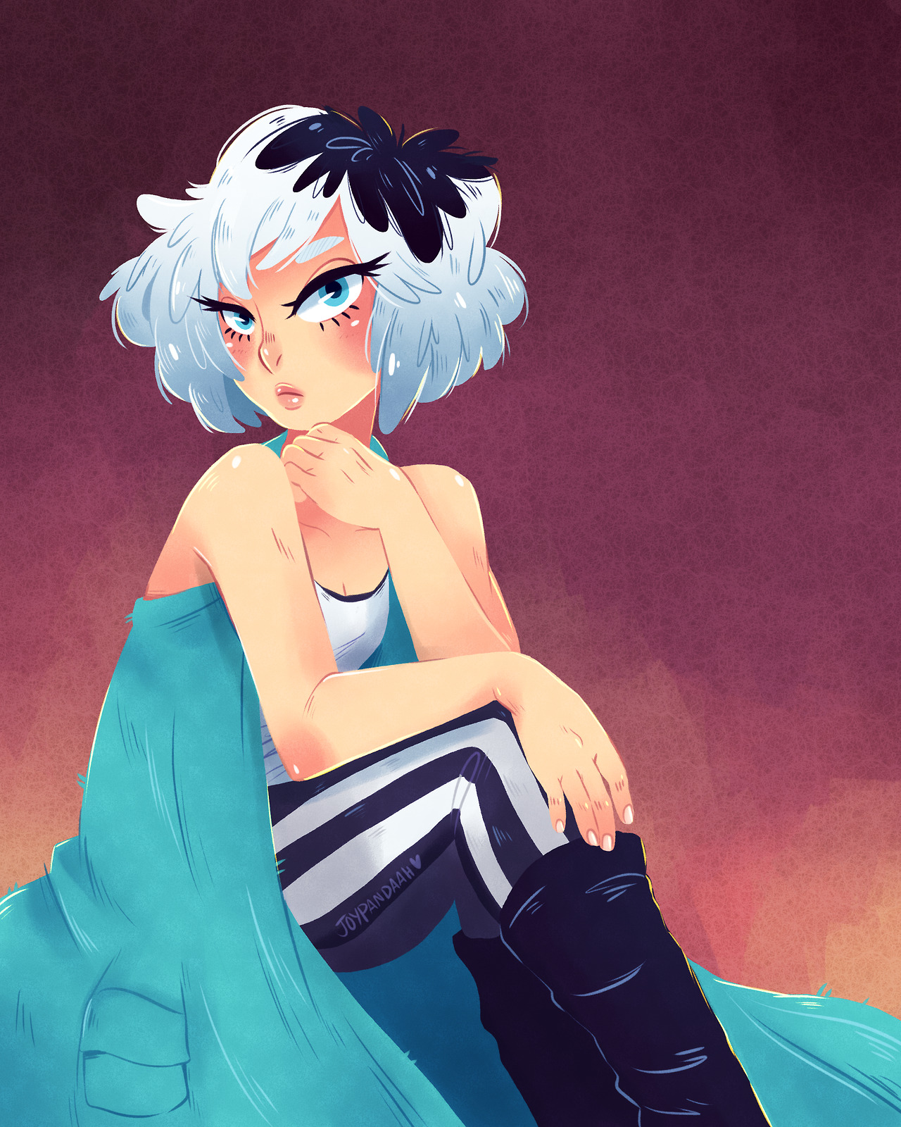 joypandaah, phi (kyokugen dasshutsu), kyokugen dasshutsu, kyokugen dasshutsu adv: zennin shibou desu, commentary, english commentary, highres, redrawn, 1girl, adapted costume, aqua eyes, aqua jacket, blush, breasts, cleavage, closed mouth, collarbone, eyelashes, fingernails, flower, hair flower, hair ornament, jacket, lips, open clothes, open jacket, pants, shirt, short hair, sitting, sleeveless, sleeveless jacket, sleeveless shirt, solo, striped clothes, striped pants, white hair, white shirt