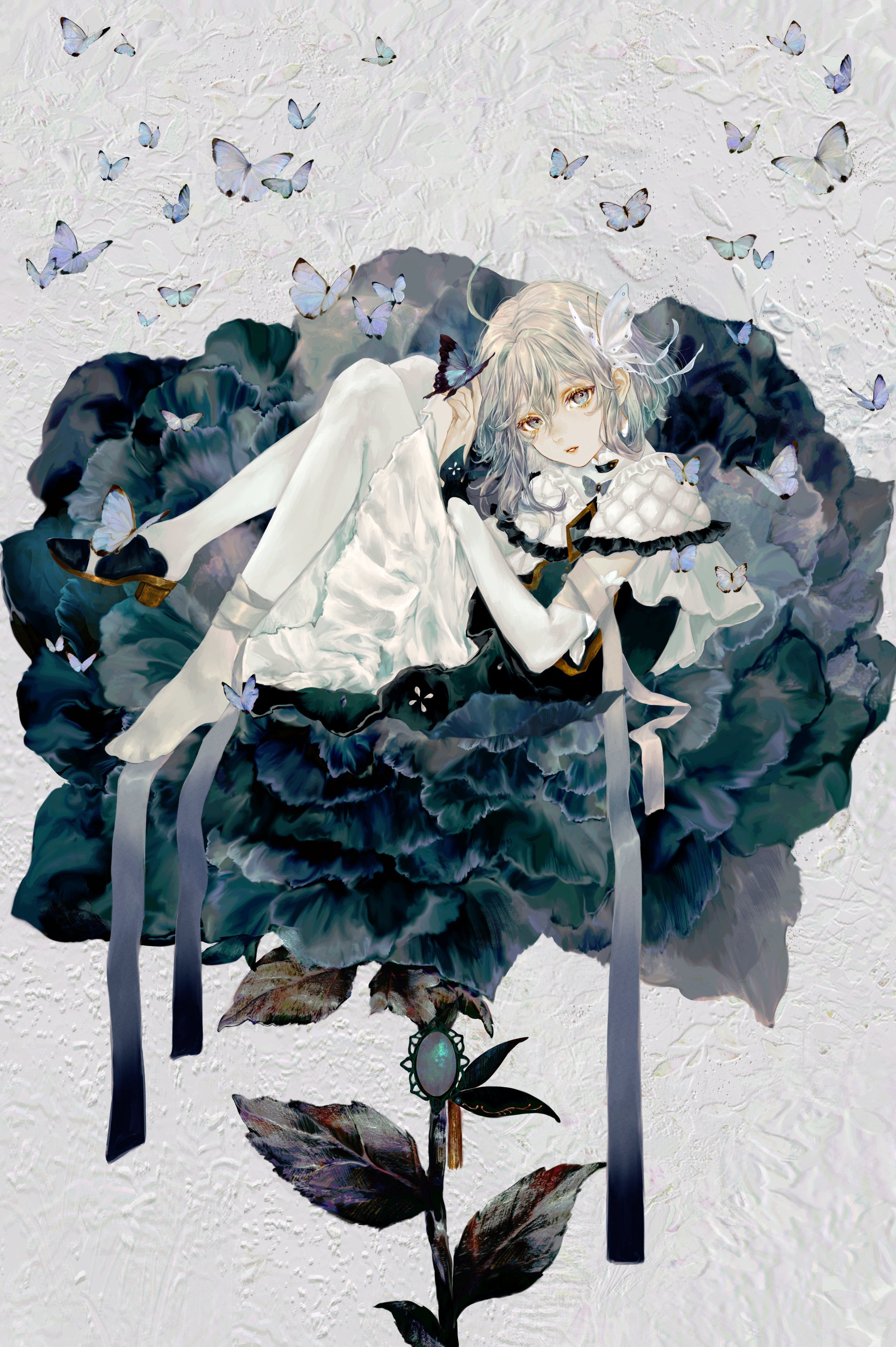 shirone (coxo ii), ciel (kamitsubaki studio), kamitsubaki studio, absurdres, highres, 1girl, ahoge, bug, butterfly, dress, flower, full body, insect, looking at viewer, oversized flower, pantyhose, parted lips, rose, shoes, short hair, single shoe, solo, white eyes, white hair, white pantyhose