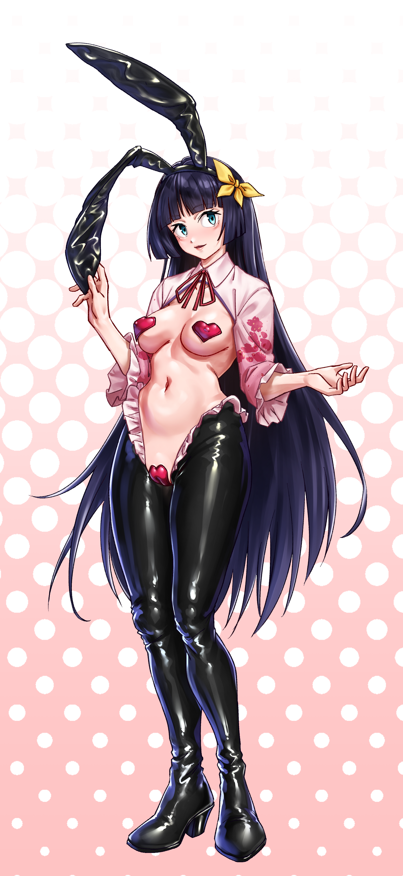 eggprotain, komagata hanabi, ikizulive! love live! bluebird, love live!, 1girl, animal ears, black hiphighs, blue eyes, blue hair, boots, breasts, fake animal ears, heart maebari, heart pasties, hiphighs, long hair, long sleeves, maebari, medium breasts, pasties, pink shrug, rabbit ears, red background, reverse bunnysuit, reverse outfit, shrug (clothing), solo