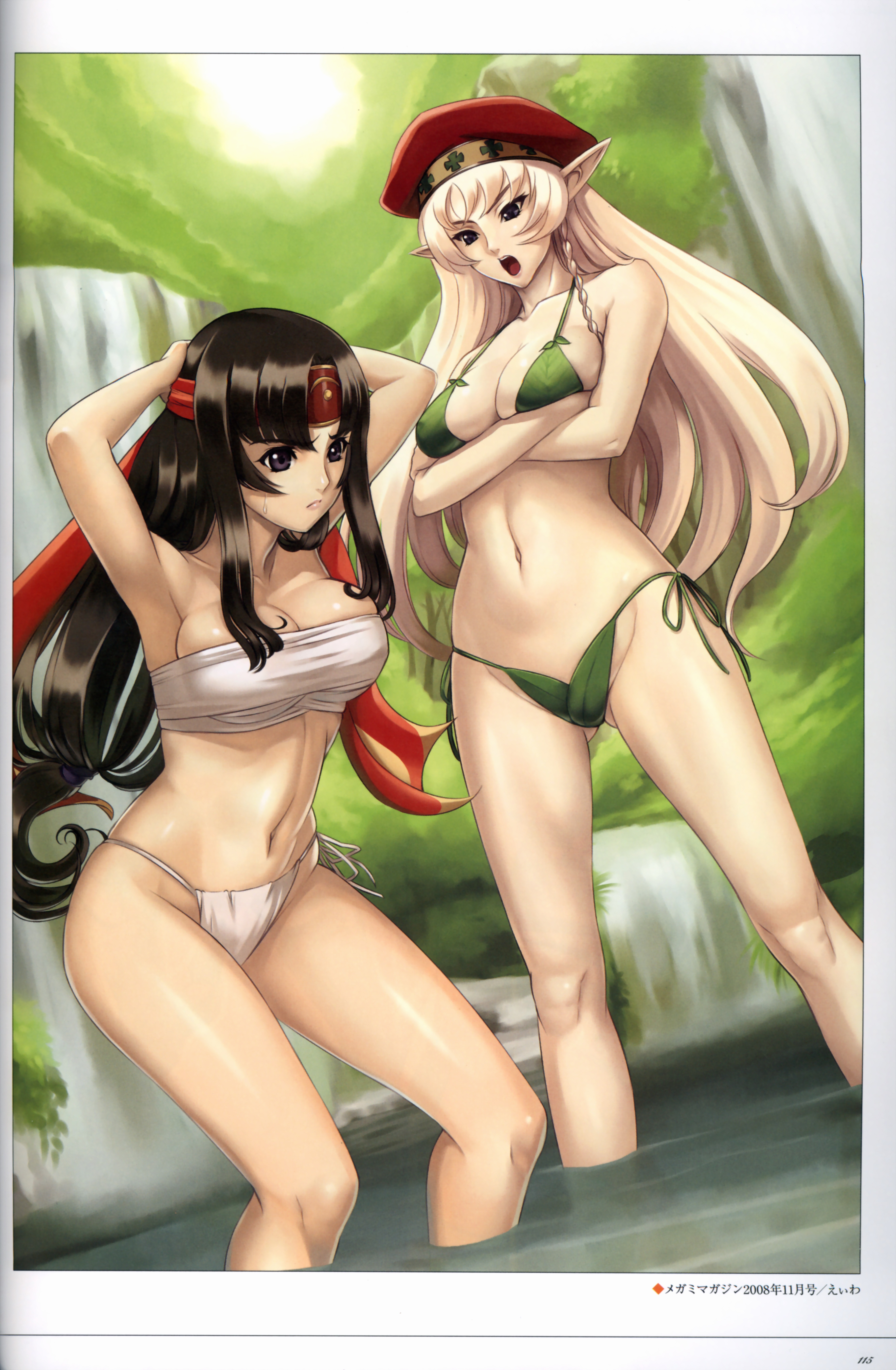eiwa, alleyne (queen's blade), fighting master alleyne, musha miko tomoe, tomoe (queen's blade), queen's blade, breast hold, absurdres, highres, 00s, 2girls, arms behind head, bikini, black hair, braid, breasts, crossed arms, elf, gloves, green bikini, headband, large breasts, leaf, leaf bikini, long hair, low-tied long hair, multiple girls, navel, open mouth, pointy ears, purple eyes, sarashi, side-tie bikini bottom, side braid, strapless, swimsuit, water