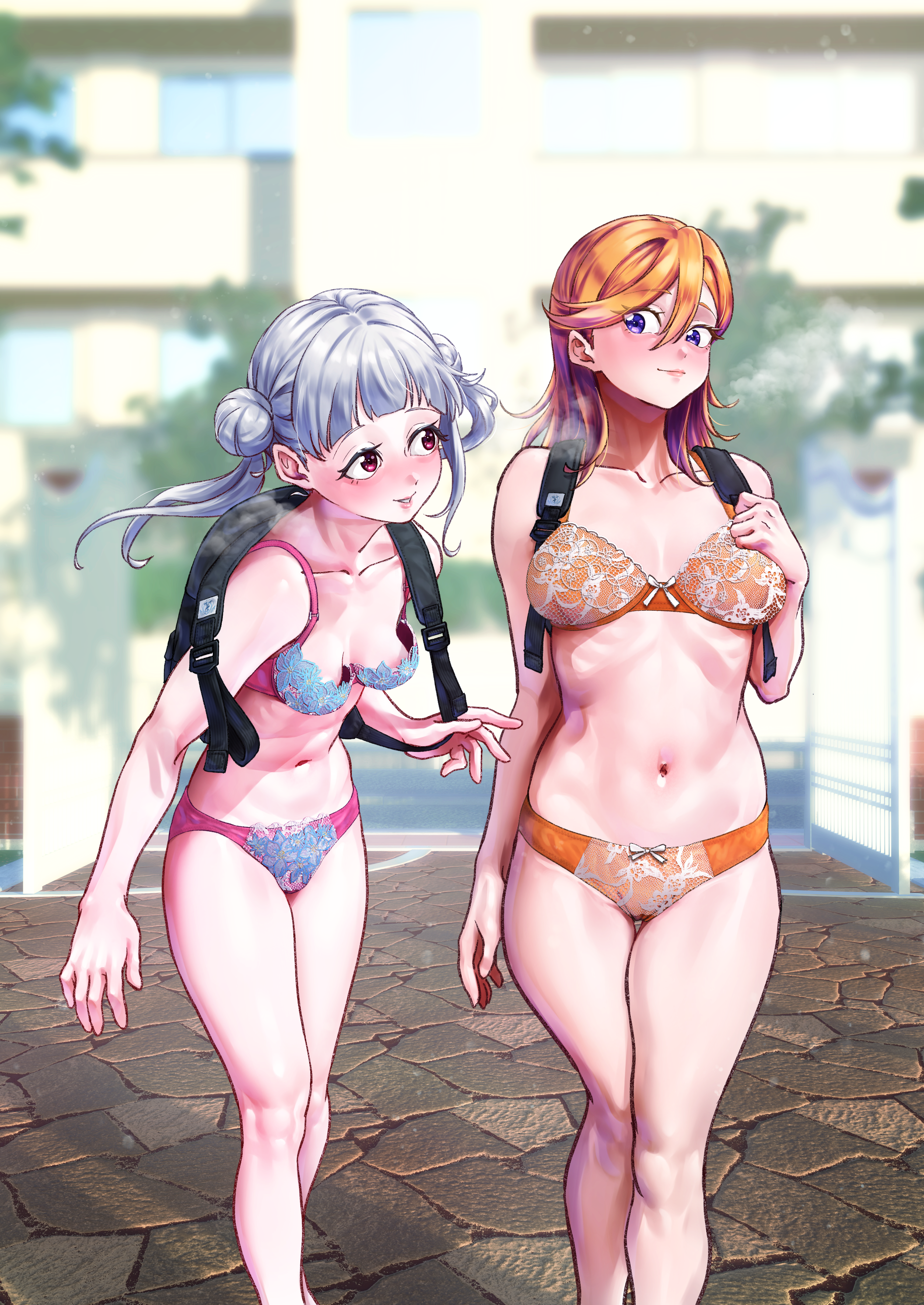 eggprotain, arashi chisato, shibuya kanon, love live!, love live! superstar!!, 2girls, backpack, bag, bra, breasts, hair bun, large breasts, long hair, medium breasts, multiple girls, navel, orange bra, orange hair, orange panties, outdoors, panties, pink bra, pink panties, purple eyes, red eyes, twintails, underwear, underwear only, white hair