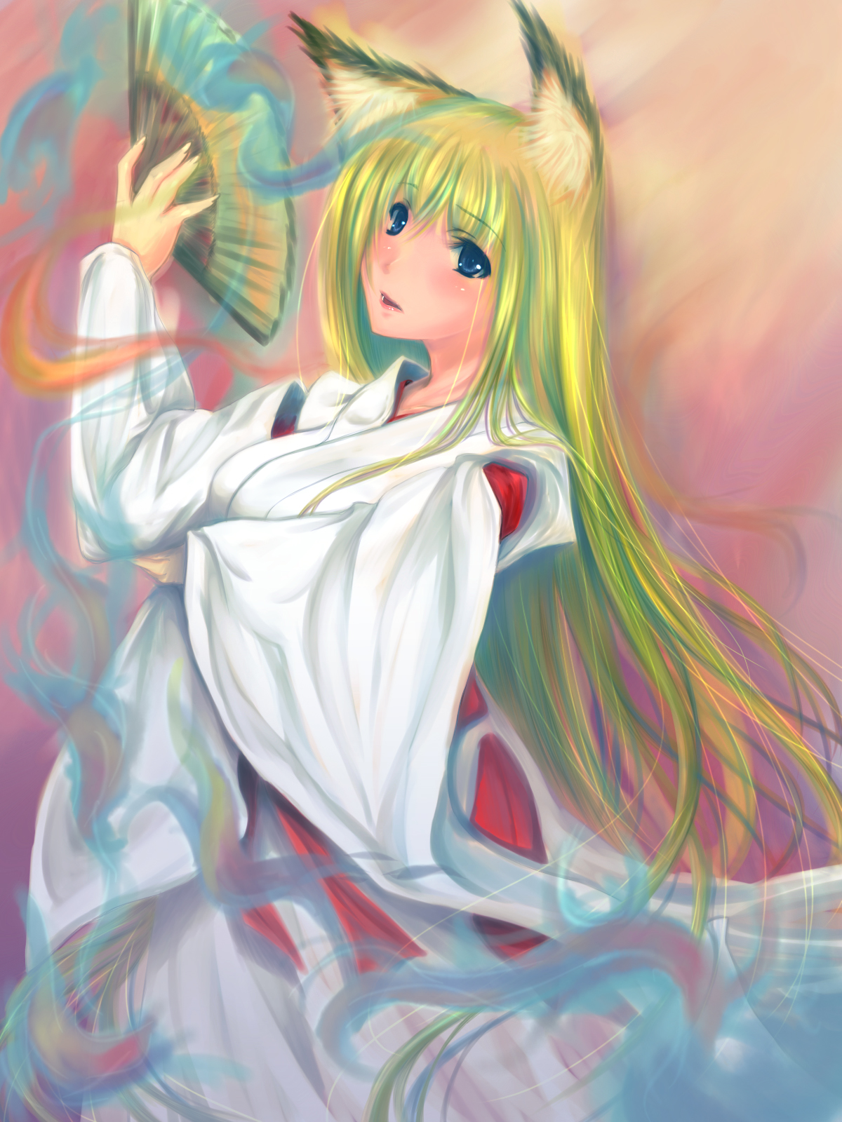 spookie, tenko kuugen, wagaya no oinari-sama, highres, 00s, animal ears, blonde hair, blue eyes, fox ears, hand fan, japanese clothes, miko, solo