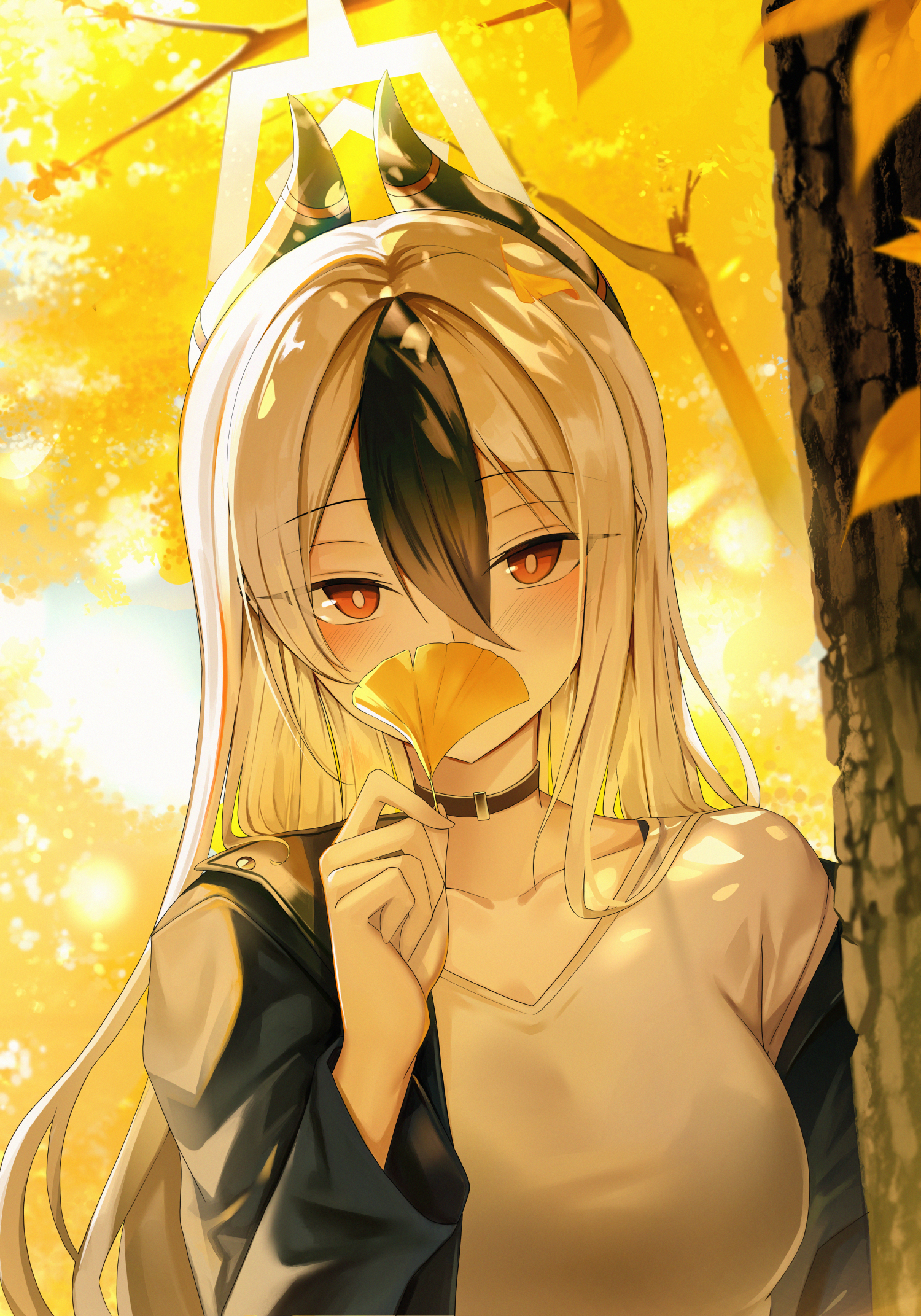 leehong studio, kayoko (blue archive), blue archive, commentary, highres, 1girl, alternate hairstyle, autumn, autumn leaves, black choker, black hair, black horns, blush, breasts, choker, closed mouth, demon horns, grey halo, hair between eyes, hair down, halo, holding, holding leaf, horns, leaf, long hair, long sleeves, looking at viewer, multicolored hair, red eyes, shirt, solo, tree, two-tone hair, v-neck, white hair, white shirt