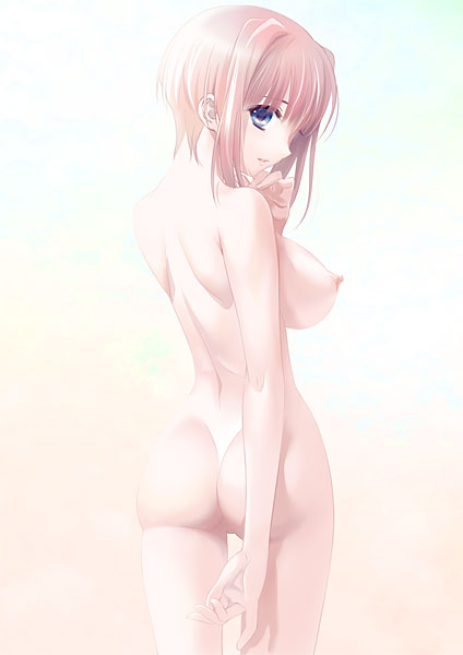 santa matsuri, nanase ren, mink (company), ren no koi, yakin byoutou, 00s, 1girl, ass, back, blonde hair, blue eyes, breasts, female focus, from behind, gradient background, large breasts, looking at viewer, looking back, nipples, nude, pink hair, profile, short hair, sideways mouth, simple background, solo