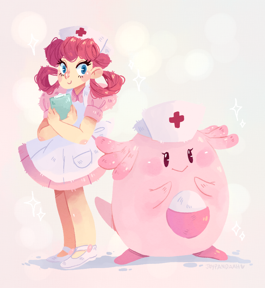 joypandaah, chansey, joy (pokemon), nintendo, pokemon, pokemon (anime), commentary, english commentary, 1girl, :>, apron, artist name, blue eyes, blush, blush stickers, clipboard, closed mouth, clothed pokemon, dress, egg, eyelashes, full body, gen 1 pokemon, hair rings, hat, holding, holding clipboard, long hair, nurse, nurse cap, pink dress, pink hair, pokemon (creature), puffy short sleeves, puffy sleeves, shoes, short sleeves, smile, standing, white apron, white hat, white shoes